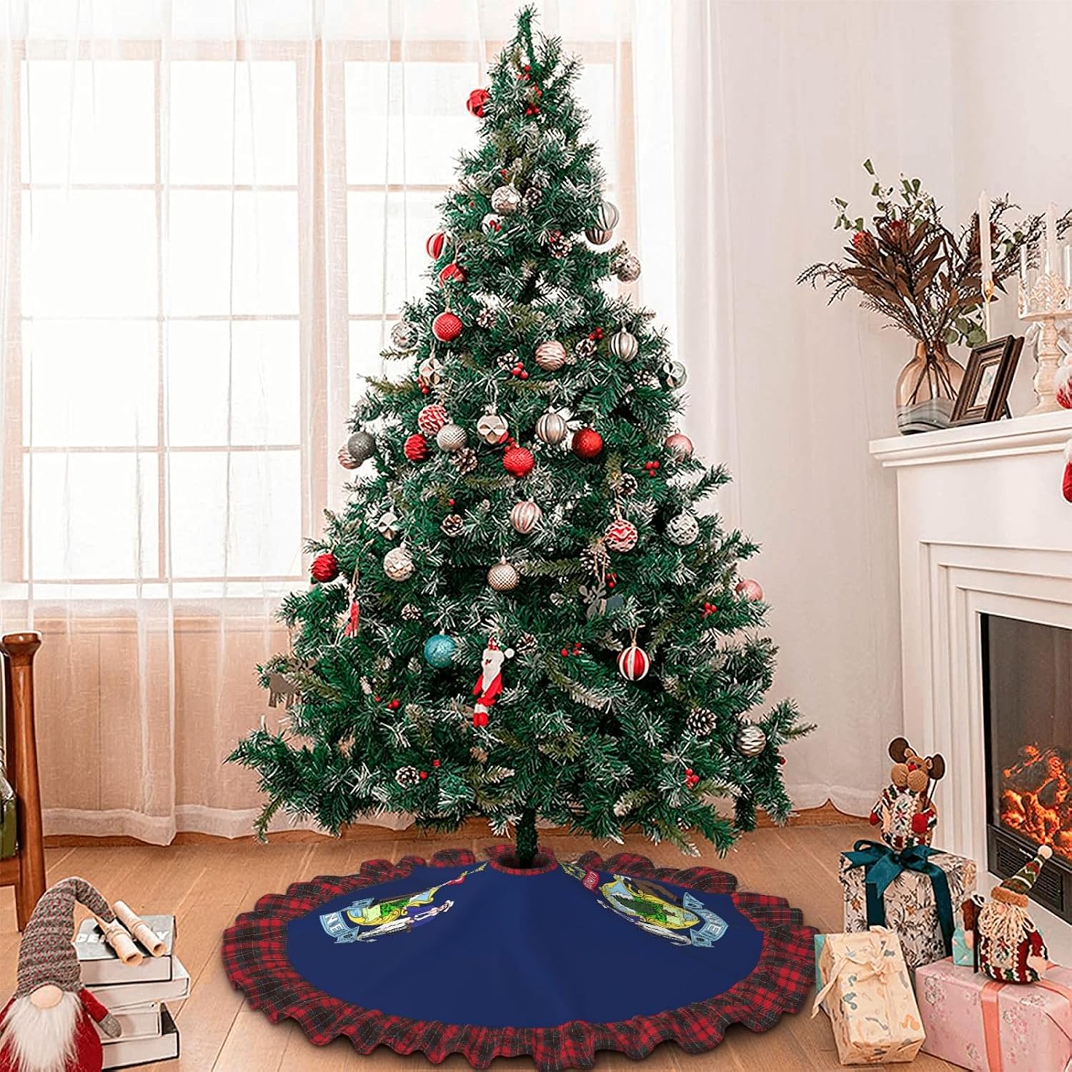 Maine State Flag Christmas Tree Skirt with Plaid 36 Inch, Xmas Tree Skirts for Christmas Tree Mat Decorations