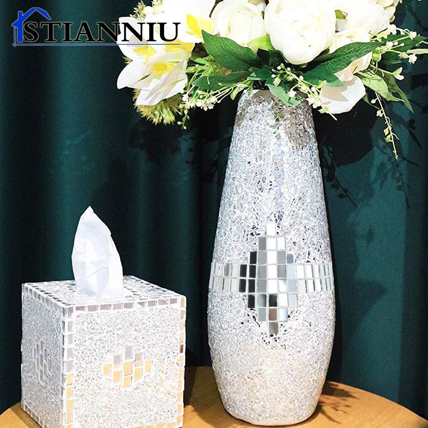 Decorative Shine Vase Stunning Handmade Mosaic Crackle Glass House Decor Table Centerpieces Modern Room Decoration (Silver)