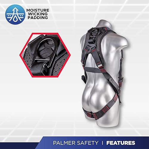 Miniatura 5 de Palmer Safety Arnés de cuerpo completo con ajuste de 5 puntos, anillo en D dorsal, patas con ojales, anillos en D laterales e indicadores de caída