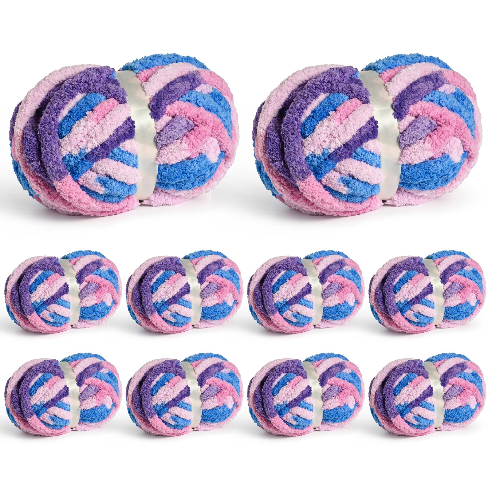 10 Pack Jumbo Chunky Yarn for Hand Knitting, Fluffy Chunky Chenille Yarn for Crocheting, Variegated Chunky Knit Baby Blanket Yarn, 240 yds /70.5 oz Super Bulky Yarn (Blue-Pink-Purple)