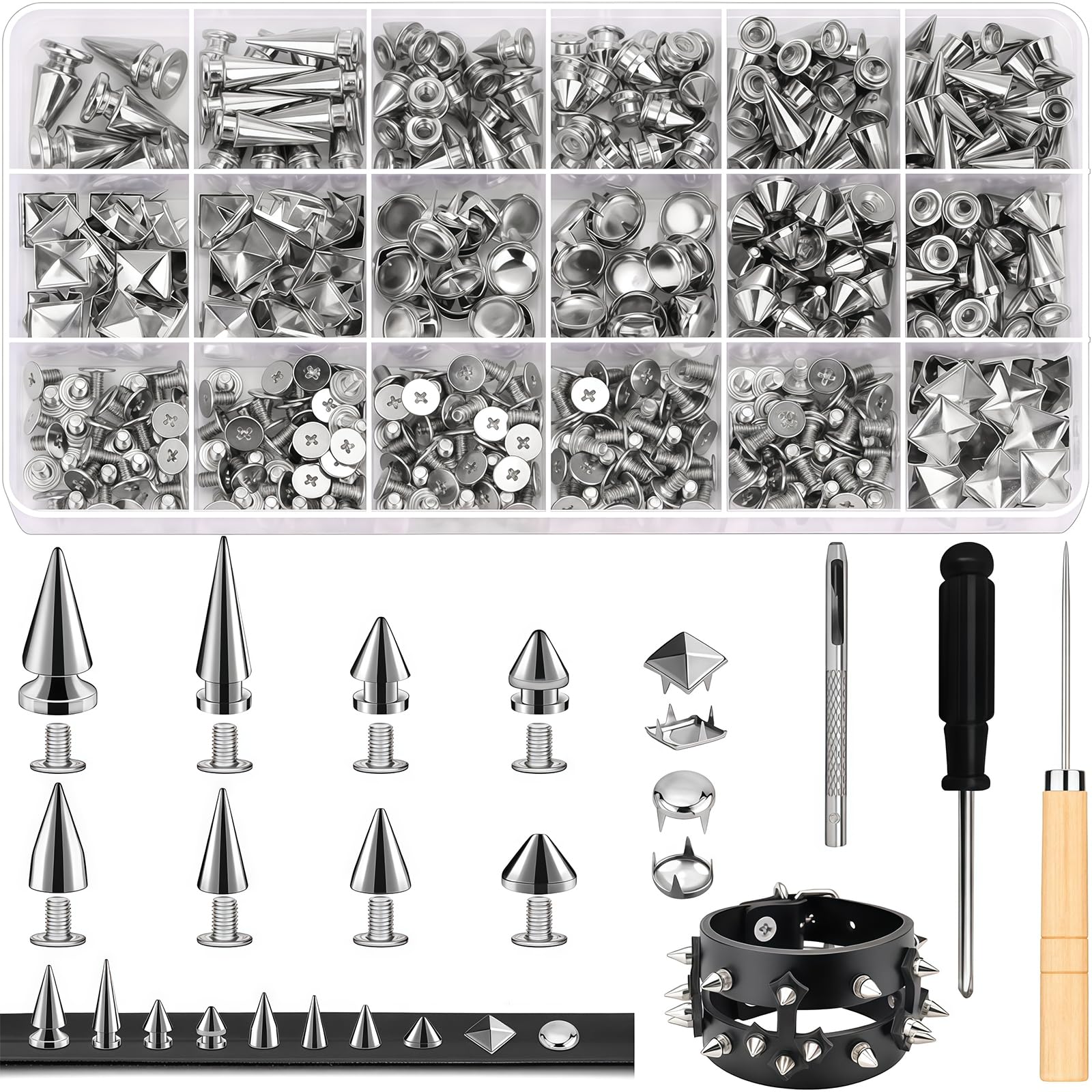 455 Pcs Studs for Clothing, Punk Spikes and Studs, Metal Rivets for DIY Crafts for Crafters, Designers, Punk Fans for Jackets, Belts, Bags (Silver)