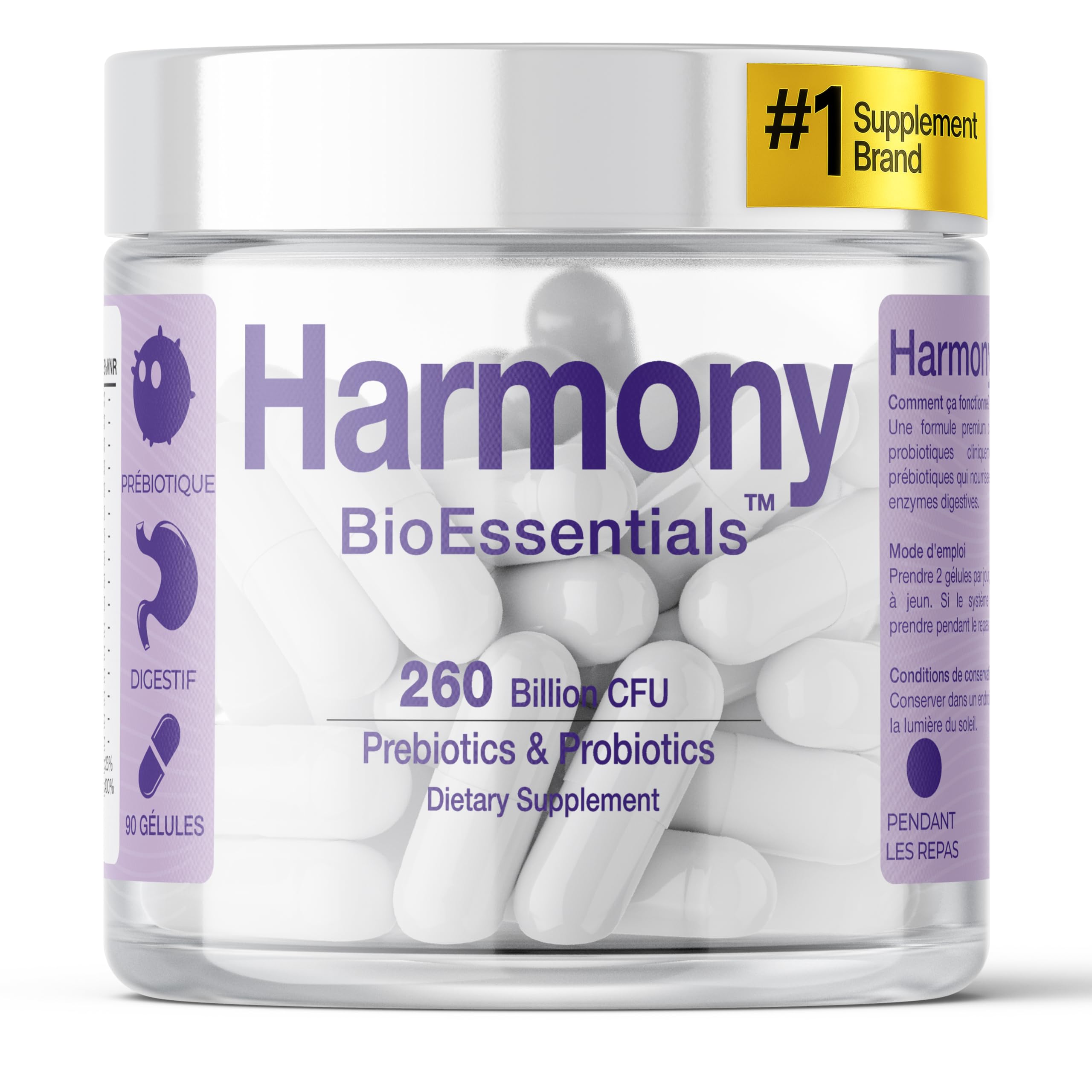 Harmony – Probiotiques & Prébiotiques – 260 Milliards UFC & 10 Souches – Soutien immunitaire – Inuline FOS GOS + Enzymes Digestives + Vitamines C & D3 – 90 Gélules Végétales