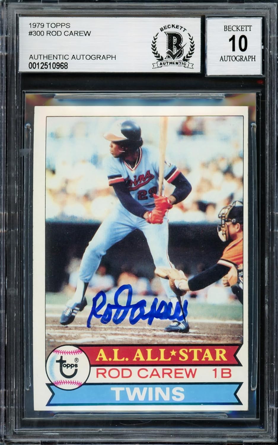 Rod Carew Autographed 1979 Topps Baseball Card #300 Twins Auto Grade Gem Mint 10 Beckett BAS Stock #211234
