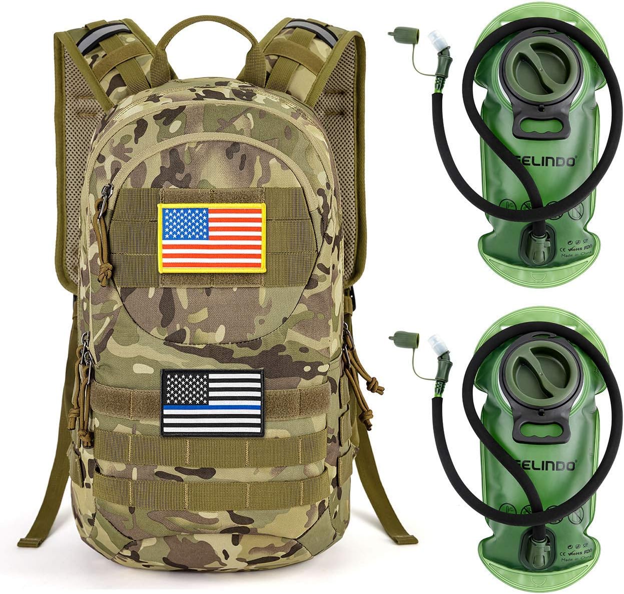 Gelindo Hydration Pack Backpack, 900D Tactical MOLLE Backpacks with 2 packs of 2L Hydration Bladder, Lightweight Hiking Daypack with Insulation Layer Keep Cool Up, Outdoor Gear for Hunting Climbing