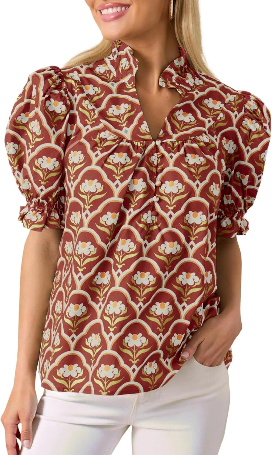 Womens Puff Short Sleeve Floral Shirt Ruffle V Neck Button Front Blouse Pleated Top