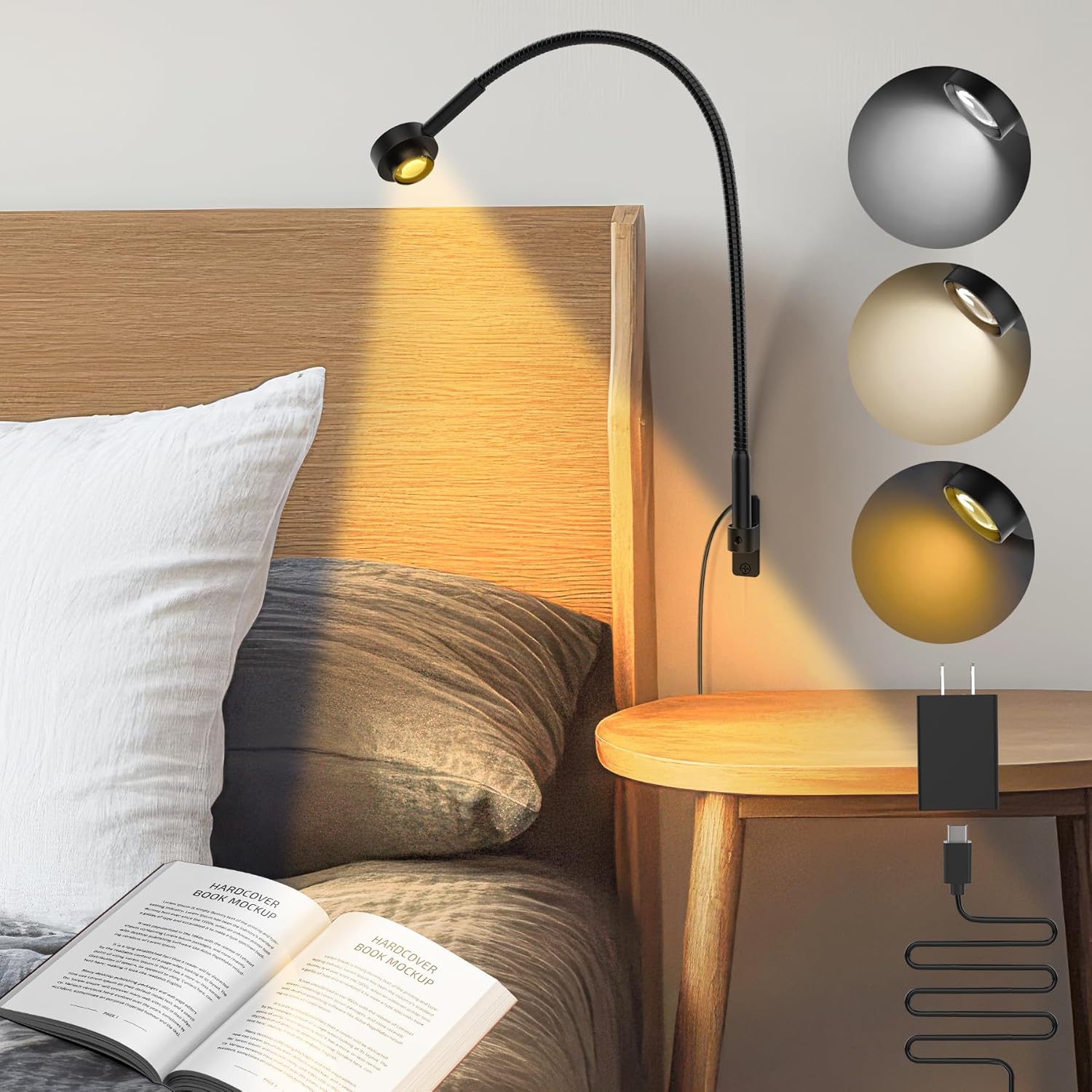 Wall/Headboard Mounted Reading Light, Minimalist Bedside LED Reading Lamp, CRI 95+ Dimmable Book Light, Dual Switches (Brightness & 3 Color Temp), 300° Rotatable Head, USB-C Powered