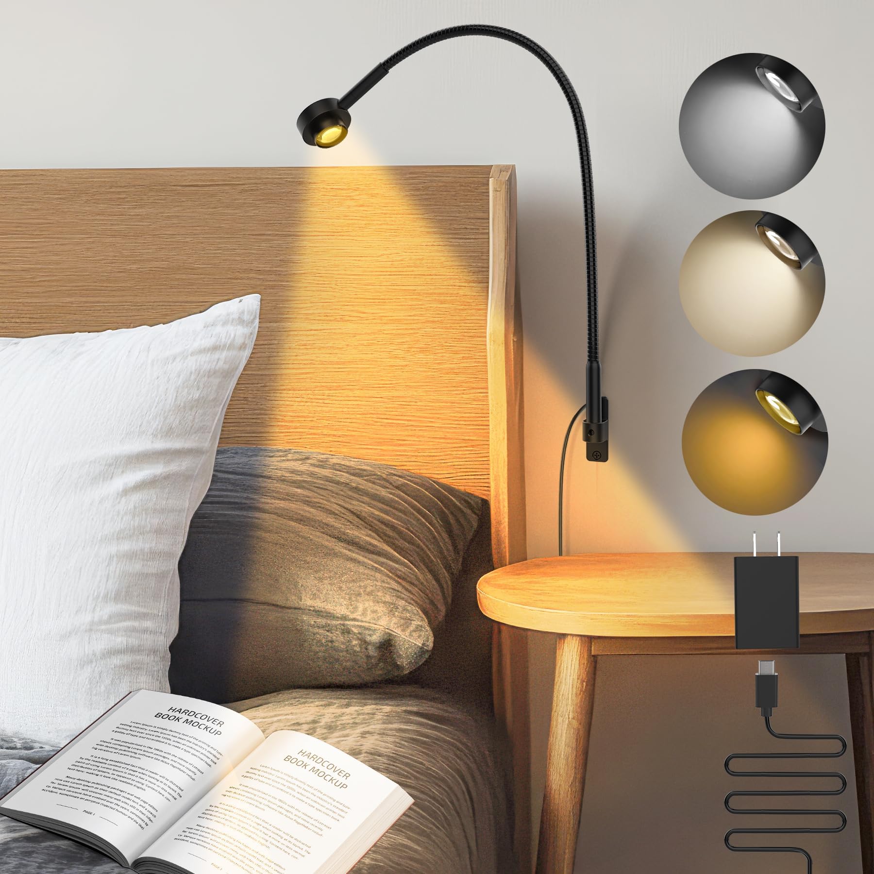 Wall/Headboard Mounted Reading Light, Minimalist Bedside LED Reading Lamp, CRI 95+ Dimmable Book Light, Dual Switches (Brightness & 3 Color Temp), 300° Rotatable Head, USB-C Powered