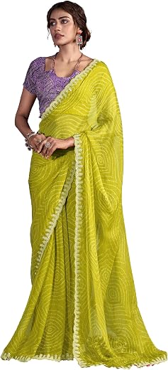 NK Textiles Women's Bandhani &amp; Zig Zag Leheriya Print with Embroidery Work Border Chiffon Saree with Fancy Woven Blouse (1...