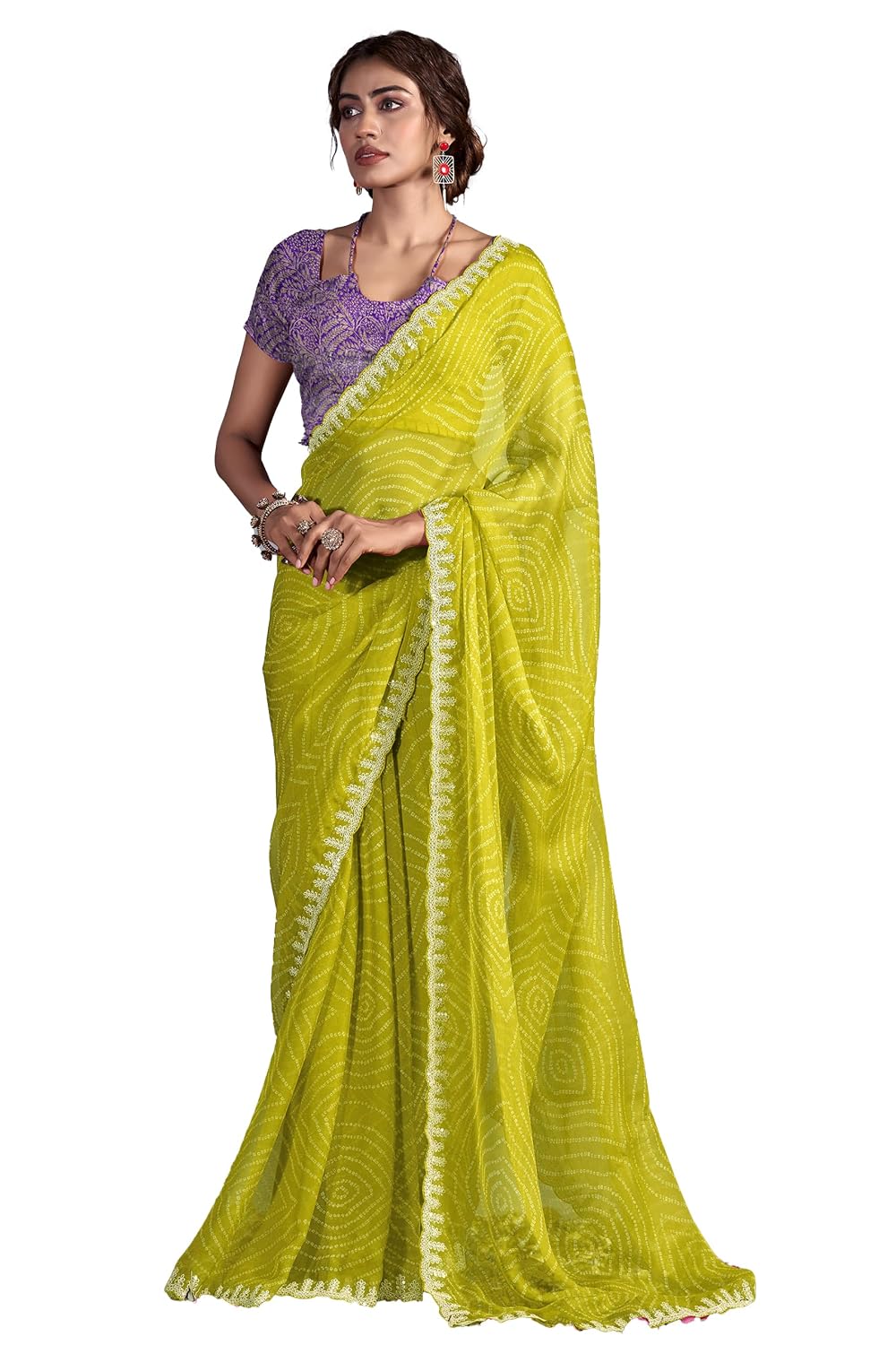 NK Textiles Women's Bandhani & Zig Zag Leheriya Print with Embroidery Work Border Chiffon Saree with Fancy Woven Blouse (1... - Review, Price and Buying Guide