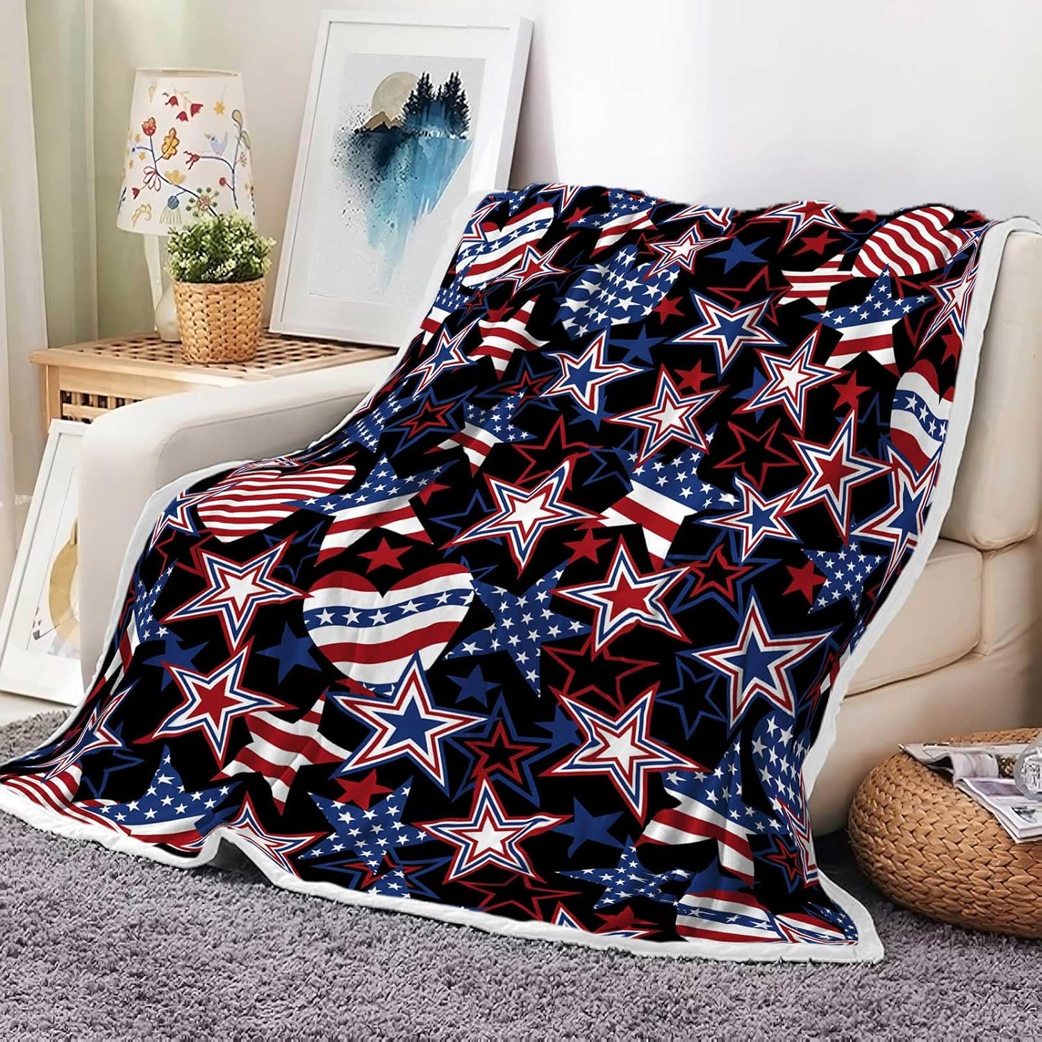 4th of July Throw Blanket, Independence American Flag Blankets Patriotic Flannel Throw Blankets Blue Red Stars Stripes Memorial Day Flannel Blanket for Couch Sofa Bed Home 60"X80"in
