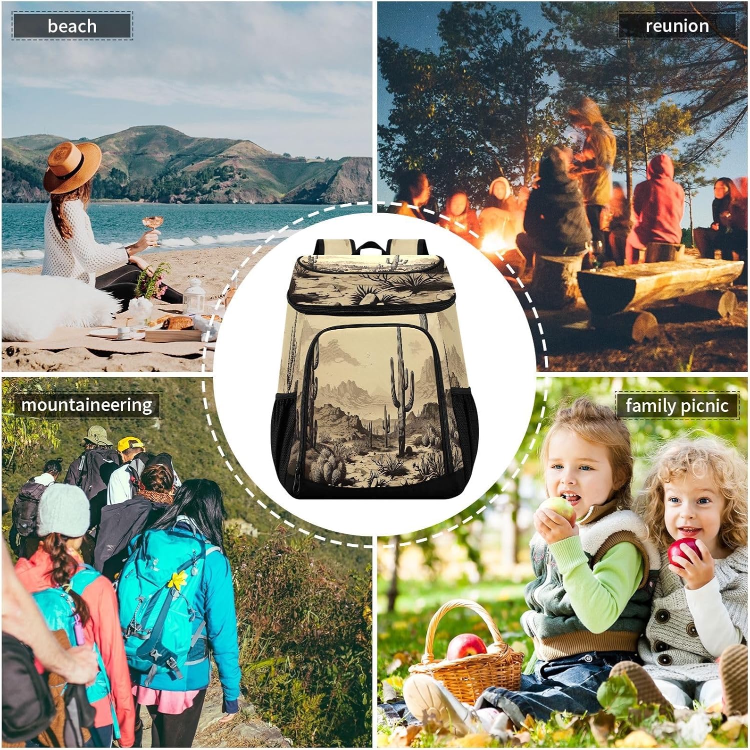 Vintage Cactus Cooler Backpack 36 Cans Leakproof Waterproof Backpack Cooler Bag Beach Accessories Travel Camping Fishing Backpack for Women Men