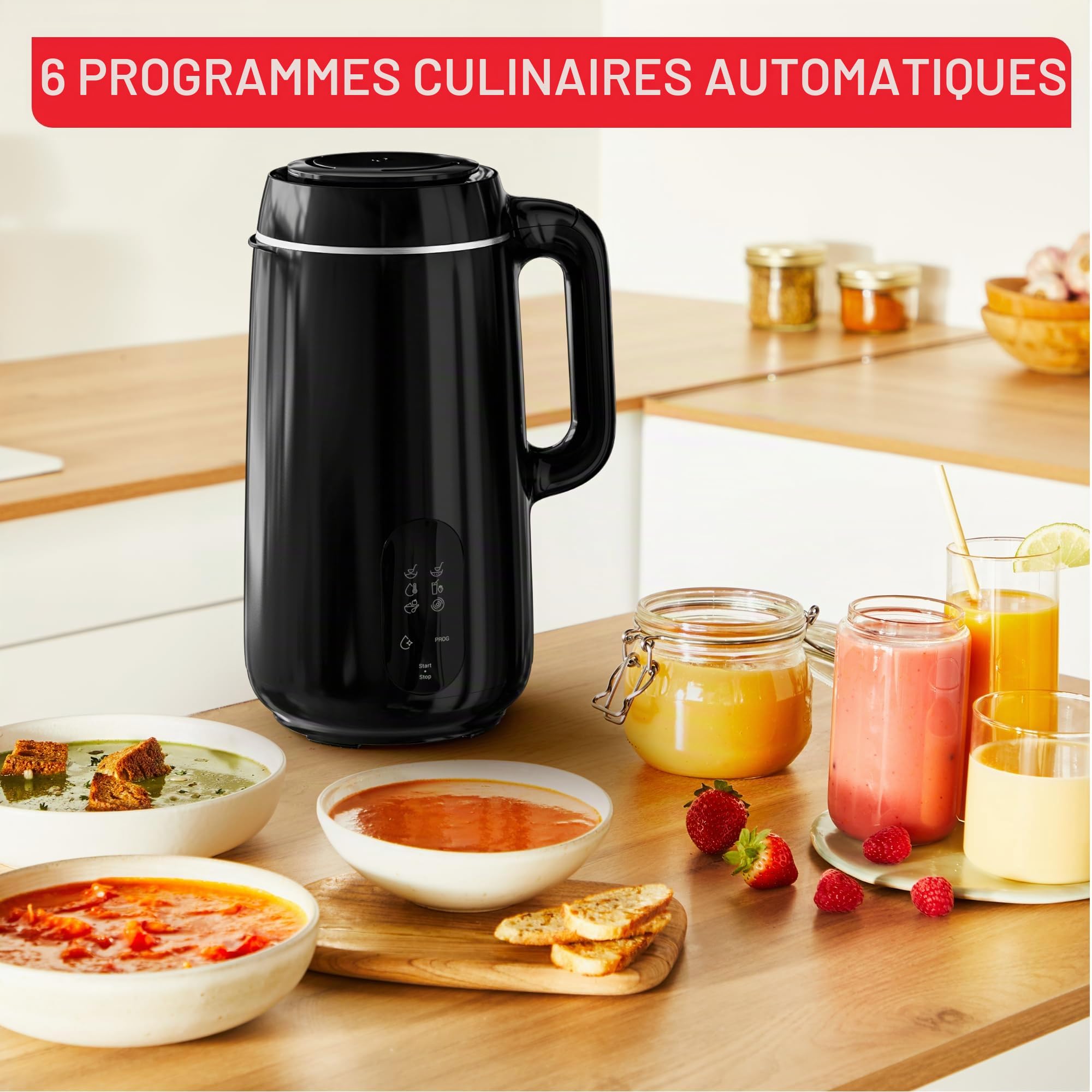 Tefal Machine multi-soupe, 6 programmes de véhicules, capacité de 1 l, soupes molles, soupes épaisses, vitamines, recettes chaudes, 4 personnes, fonction de nettoyage de voiture, brosse de nettoyage