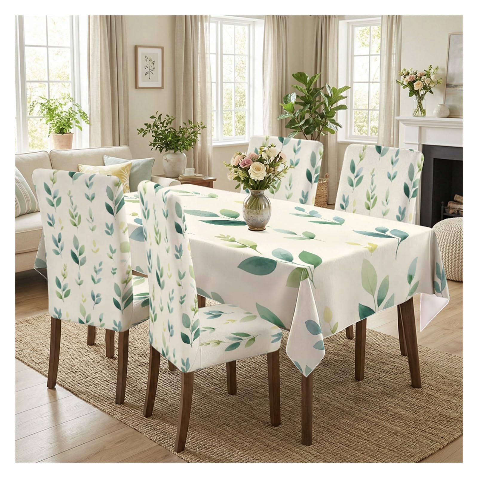 BOSUYBN Soft Watercolor Sage Green Leaf Dining Tablecloth & Chair Covers Set, 5/7 Piece Minimal Fresh Boho Cottage Farmhouse Dining Decor Table Setting(5pcs Set: Tablecloth+Chair Covers)