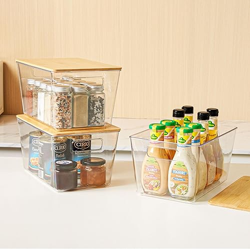 Miniatura 7 de Vtopmart Paquete de 6 cubos organizadores de almacenamiento apilables transparentes con tapas de bambú, recipientes grandes de plástico con asa para