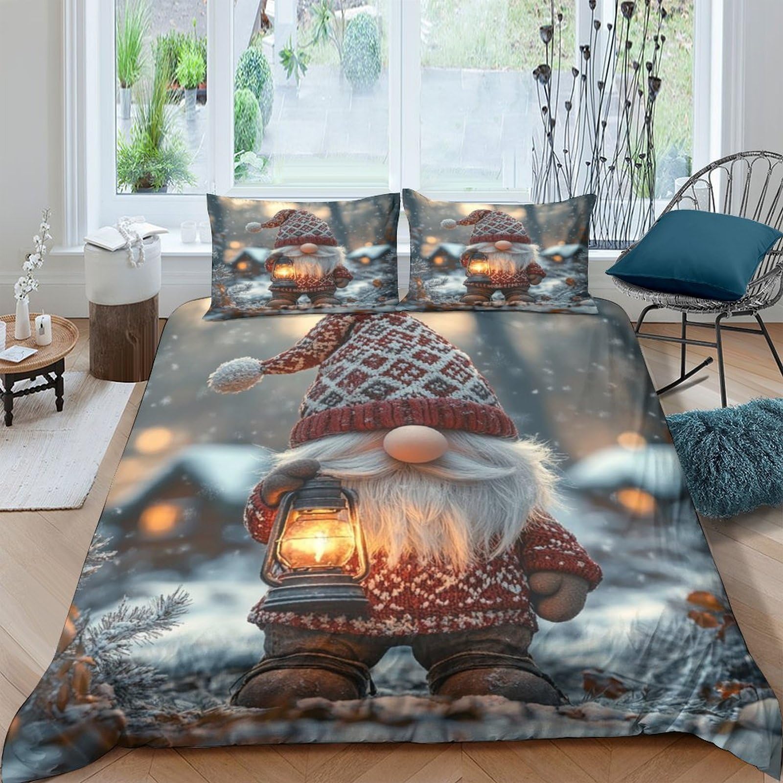 XFKLYNVCJ 3D Printed Christmas gnome Duvet Cover Microfiber Festive winter scene Comforter Cover Wrinkle Resistant Hypoallergenic Friends Home Bedroom Use King（220x240cm）