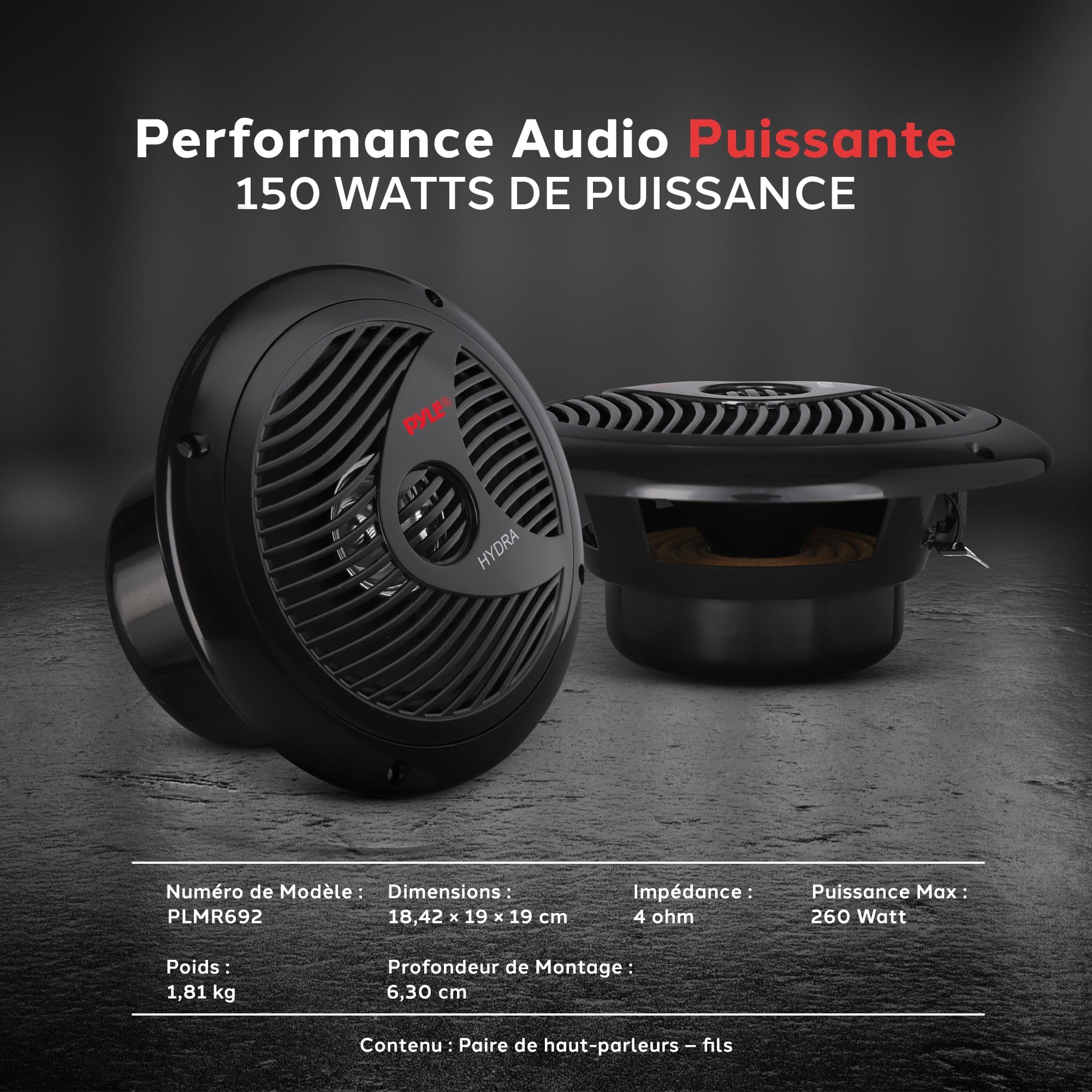 Pyle Enceintes Marine - Système Audio Stéréo Étanche - Haut-Parleurs Résistant aux Intempéries 2 Voies - 150 Watts - Cône en Polypropylène et Bord en Tissu - 1 Paire - Noir
