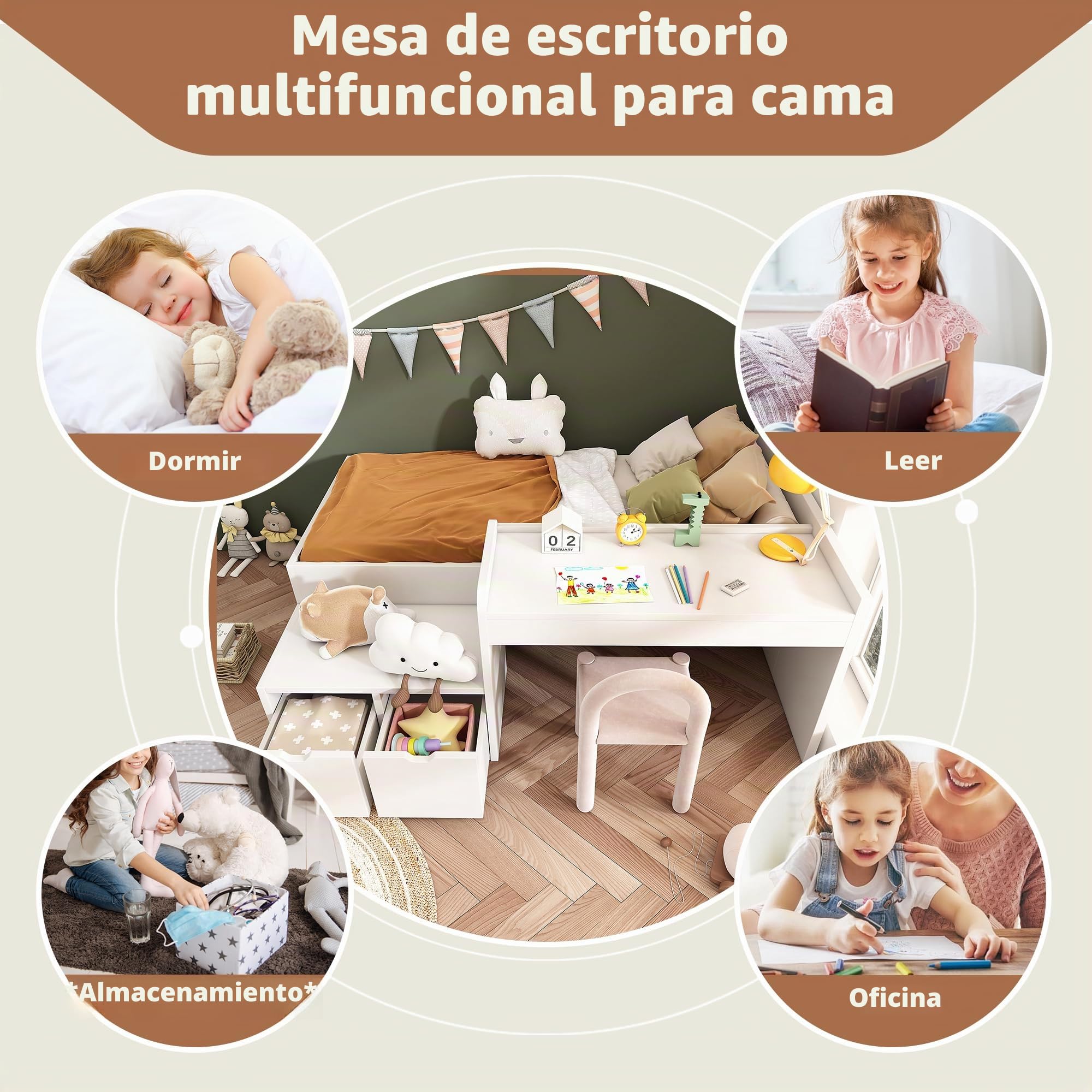 Cama infantil de 90 x 200 cm de madera maciza, cama individual, multifuncional con escritorio y cajones, cama de almacenamiento con somier, cama plana para niños y niñas, color blanco