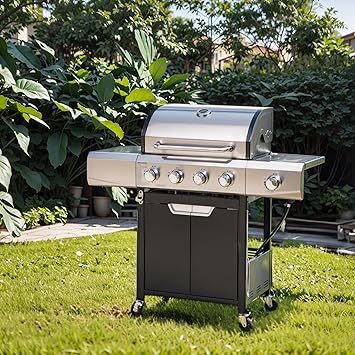 YOPTO 4 Burner Propane Grill,Stainless Steel 51,000 BTU Patio Garden Barbecue Grill with Side Burner and Cover,for Backyard Cooking Camping Home