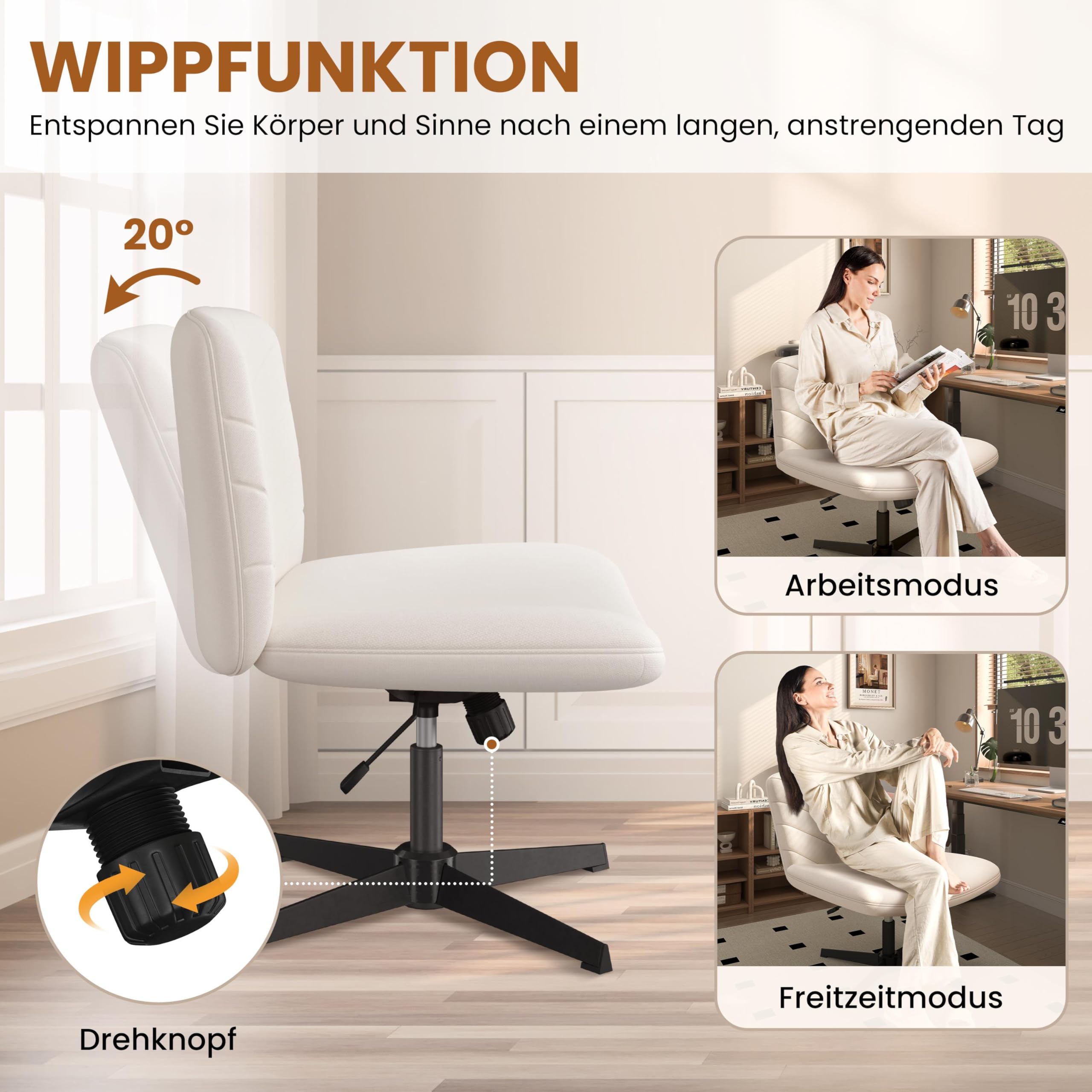 Yaheetech Homeoffice Stuhl aus Stoff in Leinenoptik, Ergonomischer Bürostuhl, Schreibtischstuhl mit breiter Sitzfläche, Höhenverstellbarer Drehstuhl ohne Rollen als Schneidersitz-Stuhl Beige