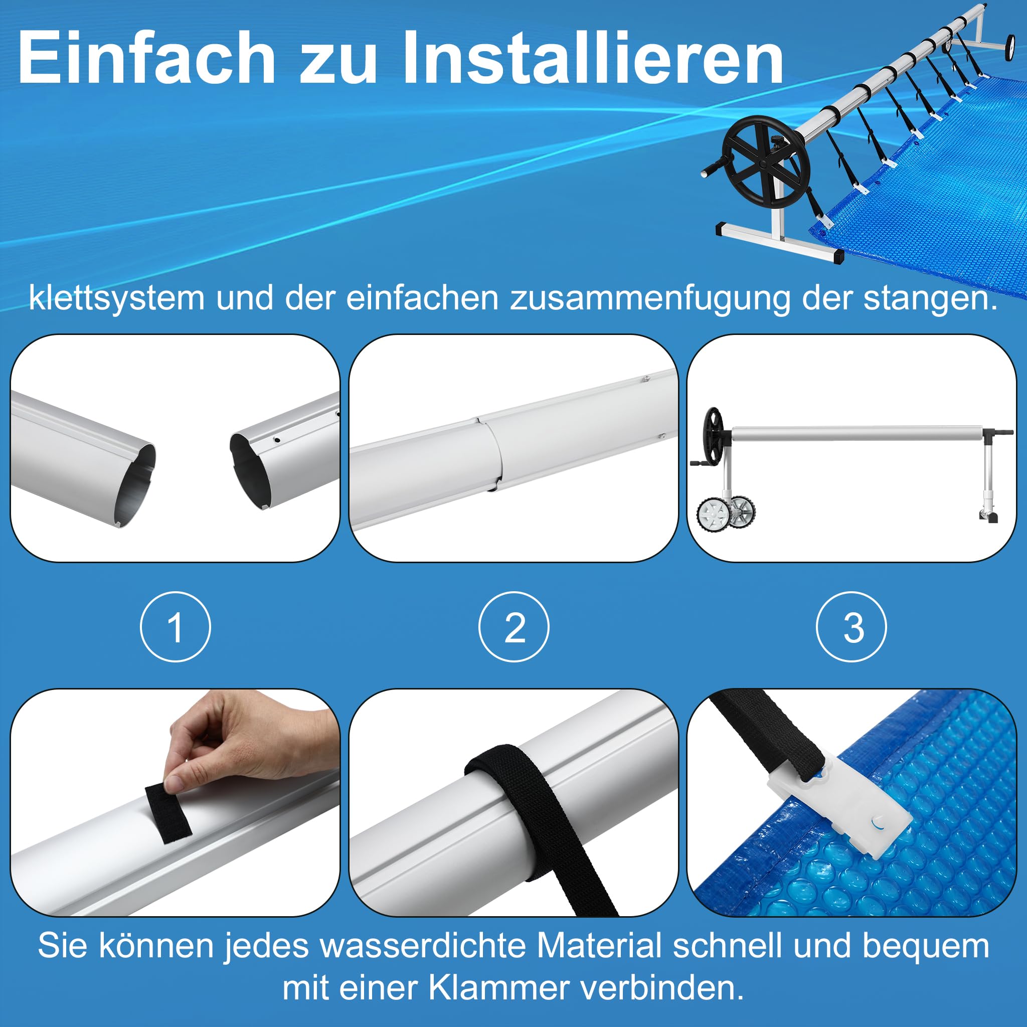 UISEBRT Pool Aufroller Mobiles Poolfolienaufroller 3m - 5,70m für Poolplane, Aufrollvorrichtung mit Befestigungsbändern & Rädern
