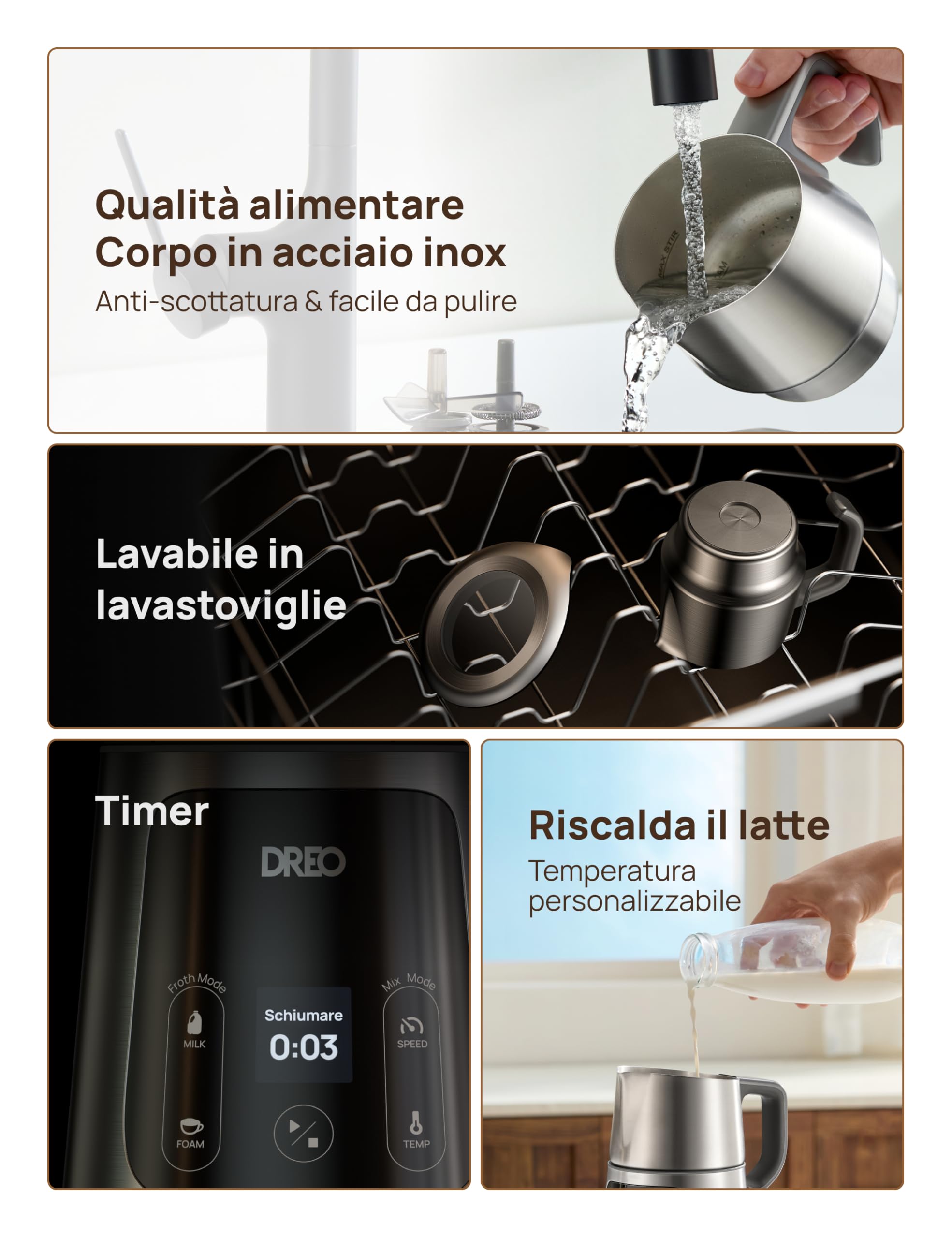 DREO Montalatte Elettrico [Aggiornato], Frullino Montalatte All-in-1 da 450ml per Latte, Cappuccino, Cioccolata Calda, Oltre 30 Bevande, Facile da Pulire, Lavabile in Lavastoviglie, Display LED