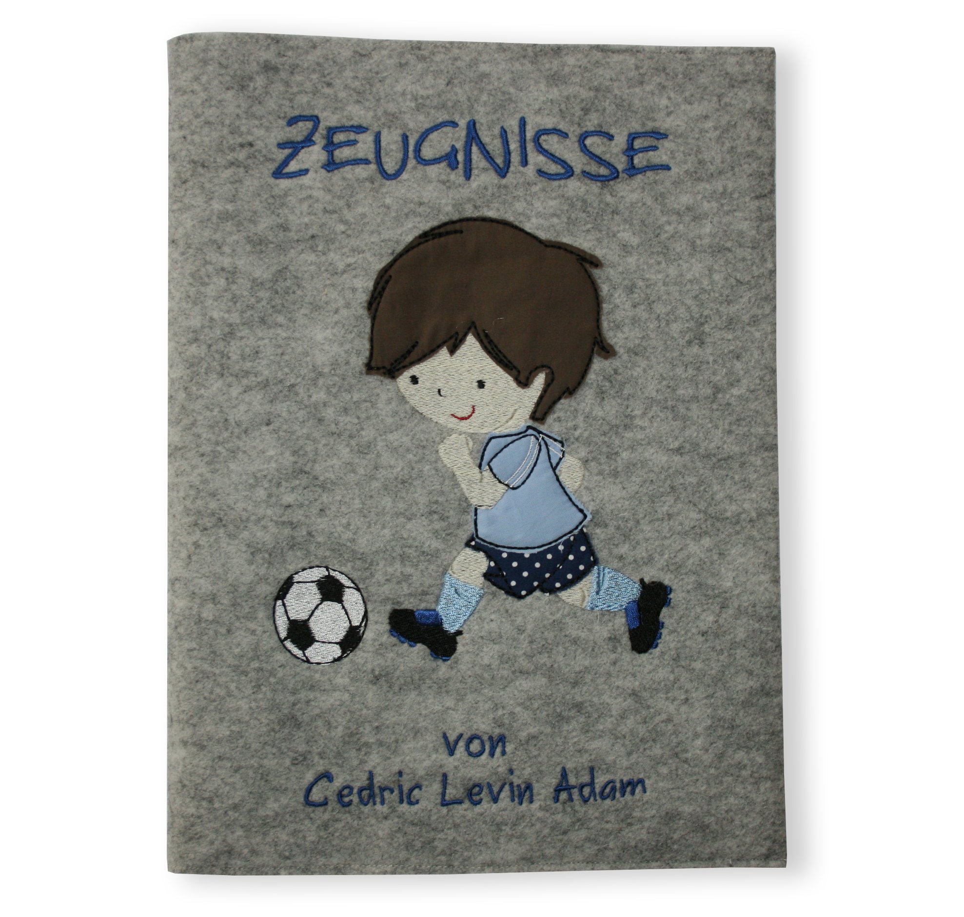 Zeugnismappe Fußballer Jungen personalisiert Sichtbuch DIN A4 20 Klarsichthüllen Wollfilz (grau/blau/gepunktet)