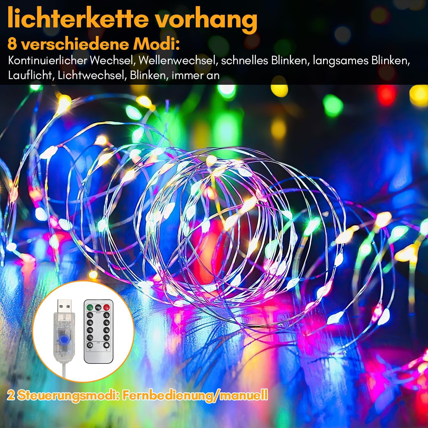 Rideau lumineux à 300 LED - 3 x 3 m - 2 guirlandes lumineuses pour l'intérieur de la fenêtre - 8 modes avec minuterie - Étanche - Lumière de Noël - Décoration intérieure et extérieure - Pour
