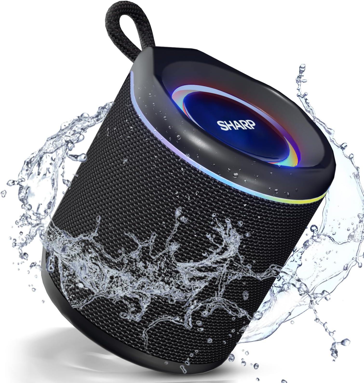 Sharp GX-BT190 Crystal Clear Series Portable Bluetooth Speaker | Waterproof IP67 Floats on Water | 15 Hour Playtime | 6 Mood Light Modes | True Wireless Pairing | Hands-Free Calling | Lanyard | Black