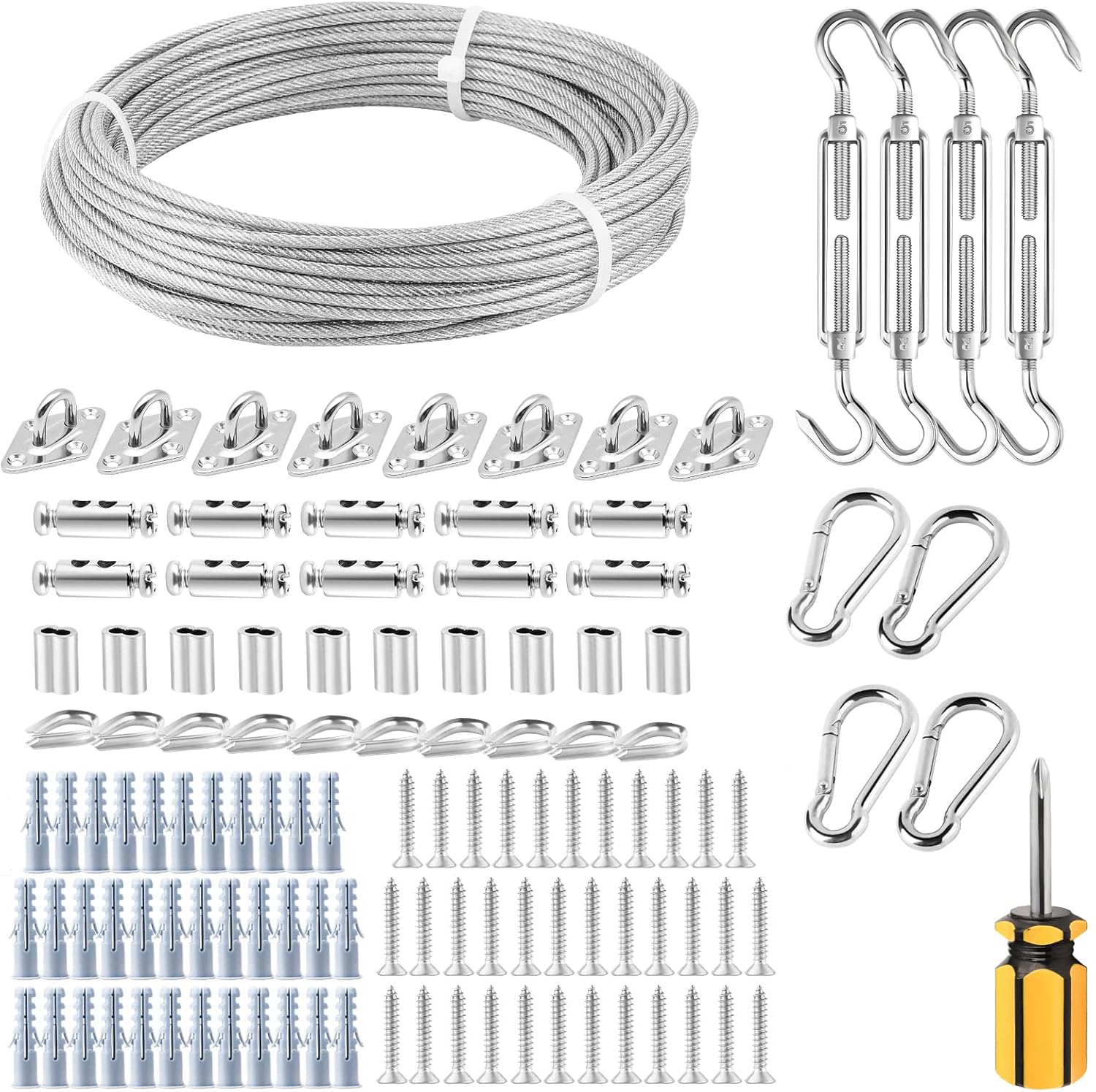 Kit de fijación de toldo con Cable de Alambre de 3 mm de 20 m, Kit de fijación de toldo de Acero Inoxidable 304, Kit de Accesorios de Hamaca para Colgar toldo para jardín, triángulo y