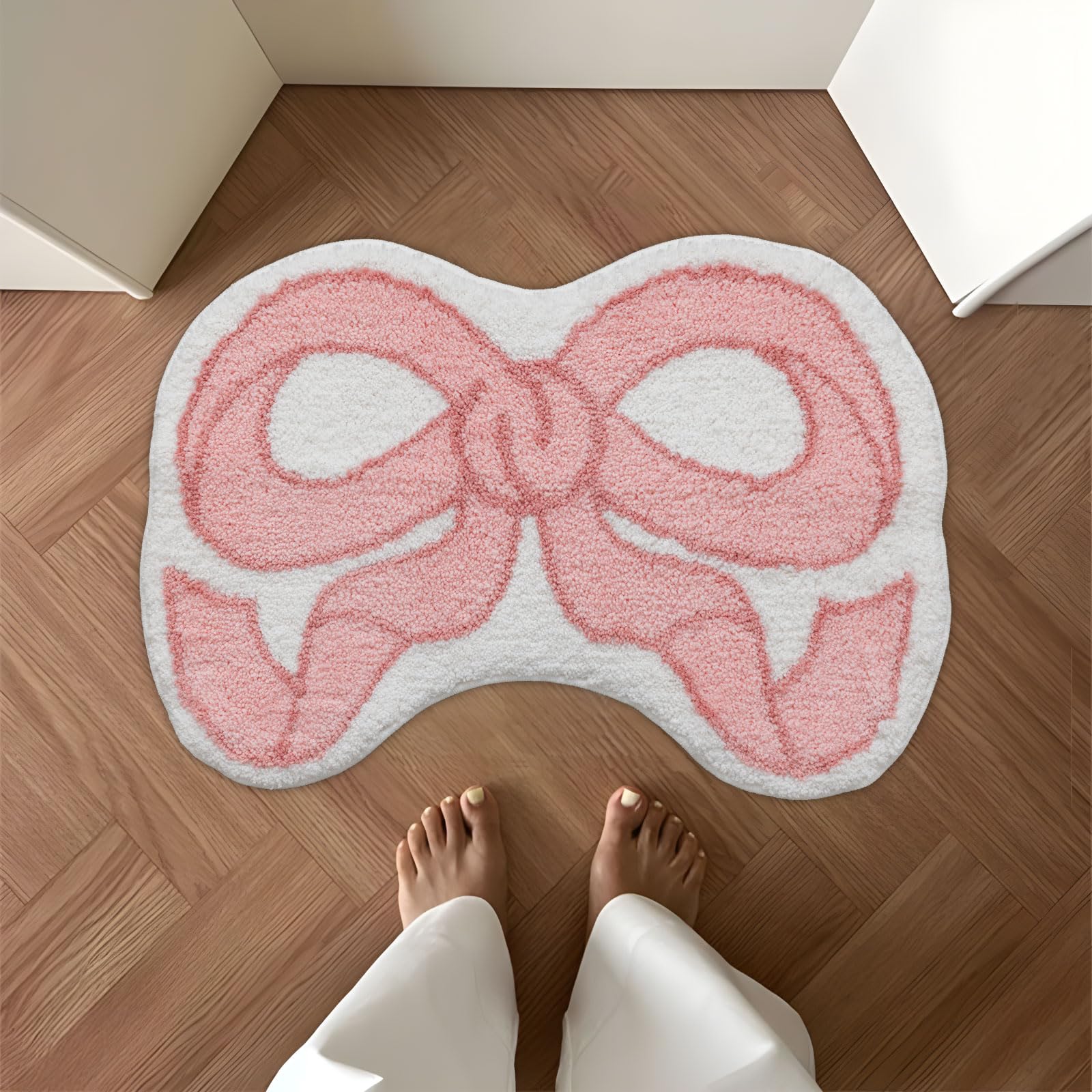 Scalloped Bow Bathroom Rug – Non-Slip Pink Bow Mat | Cute Aesthetic Microfiber Bath Rug For Preppy Room Decor