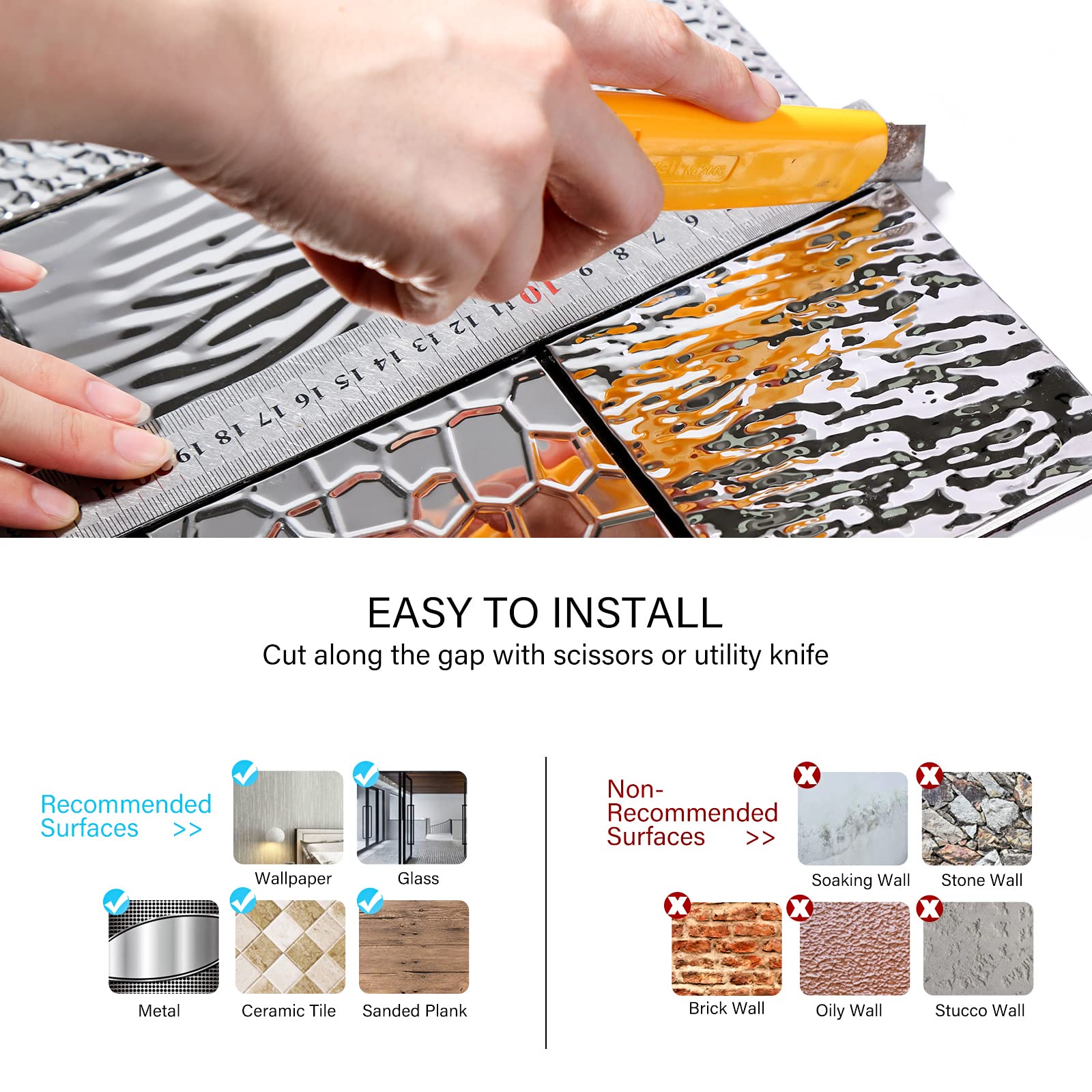 HomeyMosaic 10-Sheets Stainless Steel Backsplash Peel and Stick Tile Art 3D Square Empaistic Metal Self-Adhesive Mosaic Kitchen Bathroom Stove Home Accent Wall Decor,Sliver