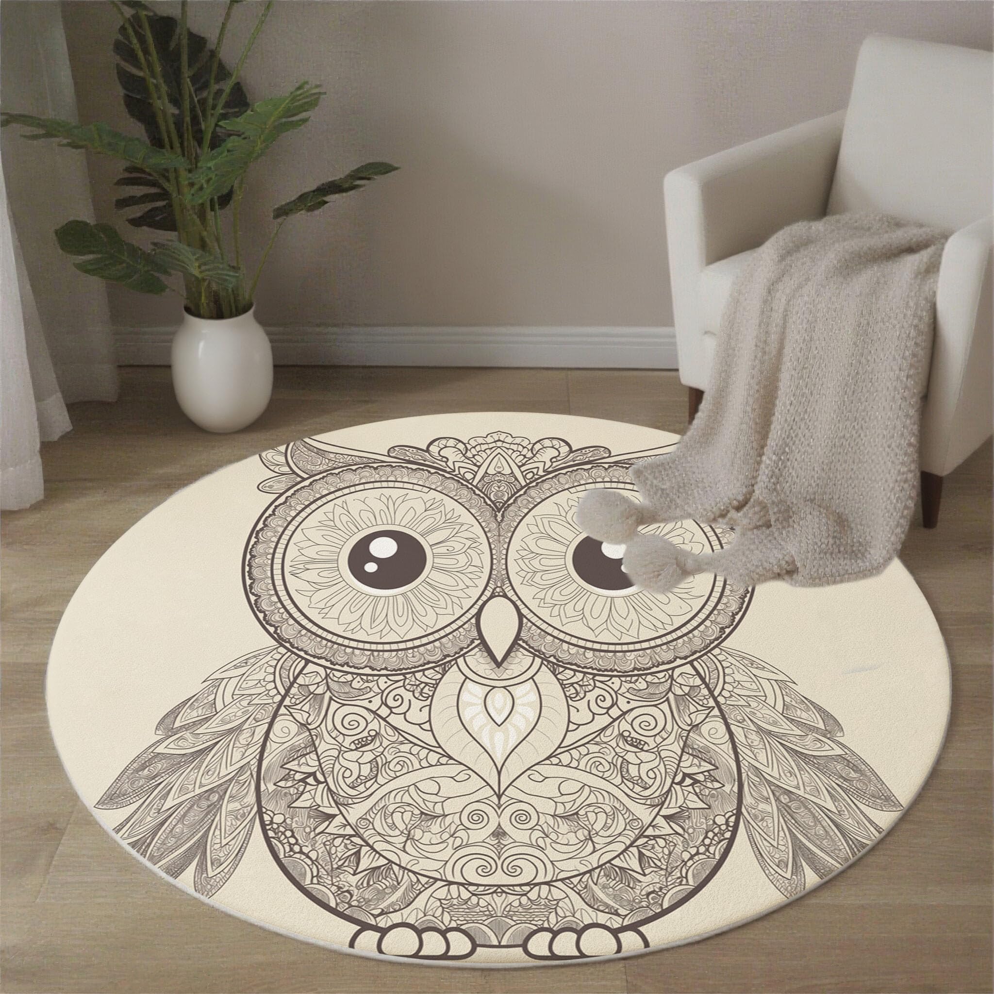 Gufo Animale Tapis Rond Antidérapant, Mandala Tapis Ronde De Salon Doux Antidérapant pour Décoration Salle à Manger Chambre Canapé (160cm, Grigio)