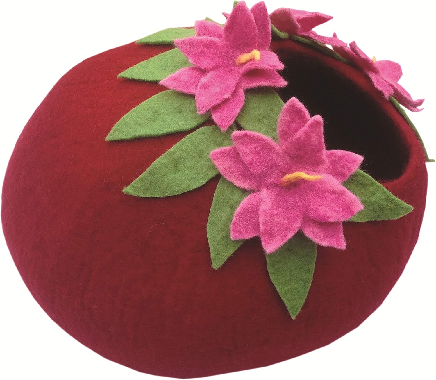 Deluxe Felt Cat Cave Bed, Eco-Friendly Handmade 100% Natural Wool Cat Bed Cave, Makes Great Covered Cat House or Cozy Cat Hideaway, Wool Cat Caves for Indoor Cats and Kittens (Lotus/Red)