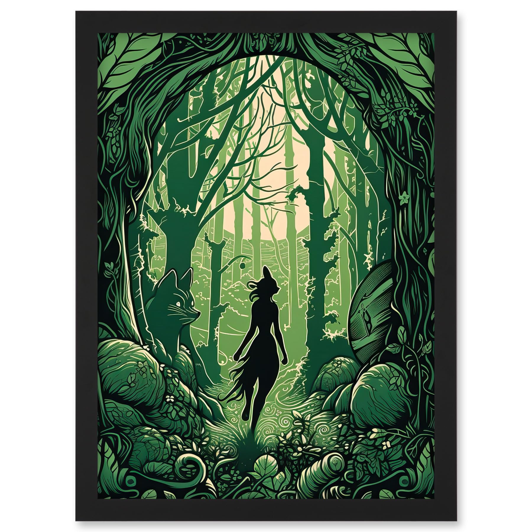 Artery8 Anthropomorphic Fox Silhouette Forest Art Nouveau Artwork Framed A3 Wall Art Print
