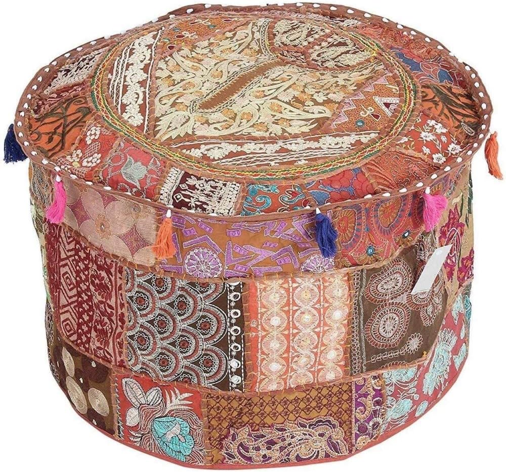 Sophia-Art Indian Embroidered Patchwork Cover Indian Decorative Pouf Indian Comfortable Floor Cotton Cushion Ottoman Pouf,Indian Designs Ethnic Patchwork Pouf (Red, 18"x13")