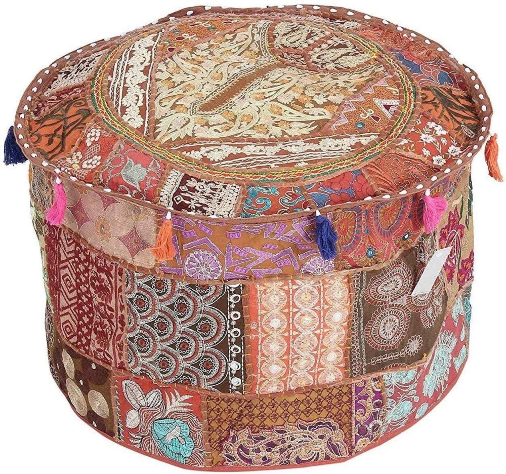Sophia-Art Indian Embroidered Patchwork Cover Indian Decorative Pouf Indian Comfortable Floor Cotton Cushion Ottoman Pouf,Indian Designs Ethnic Patchwork Pouf (Brown, 14"x22")-image-18