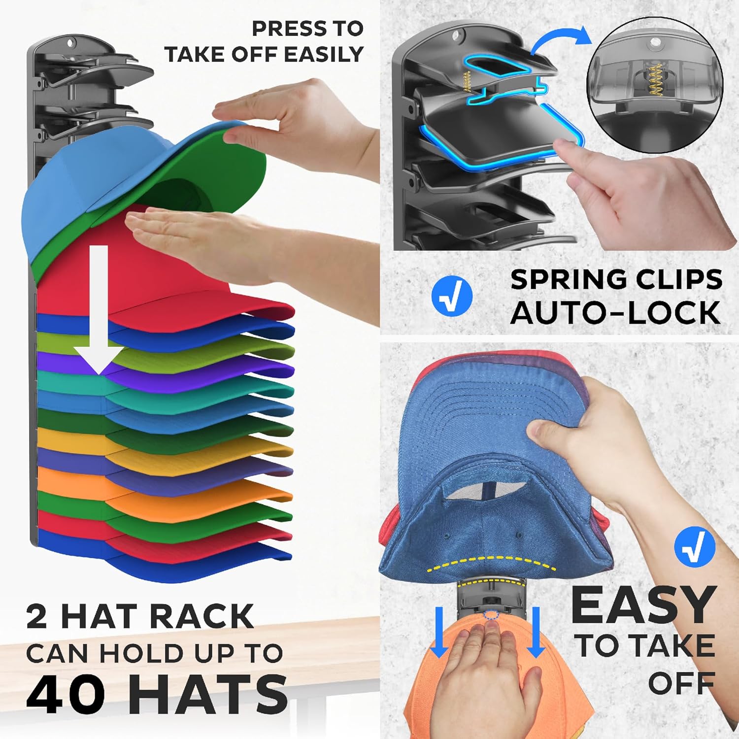 Double Capacity Hat Organizer for Baseball Caps 2 Packs - 40 Cap Storage with Spring Clips, Wall Mount Closet & Door Hat Rack Holder Hanging(Strong Adhesive & Screws) Matte Black - Image 3