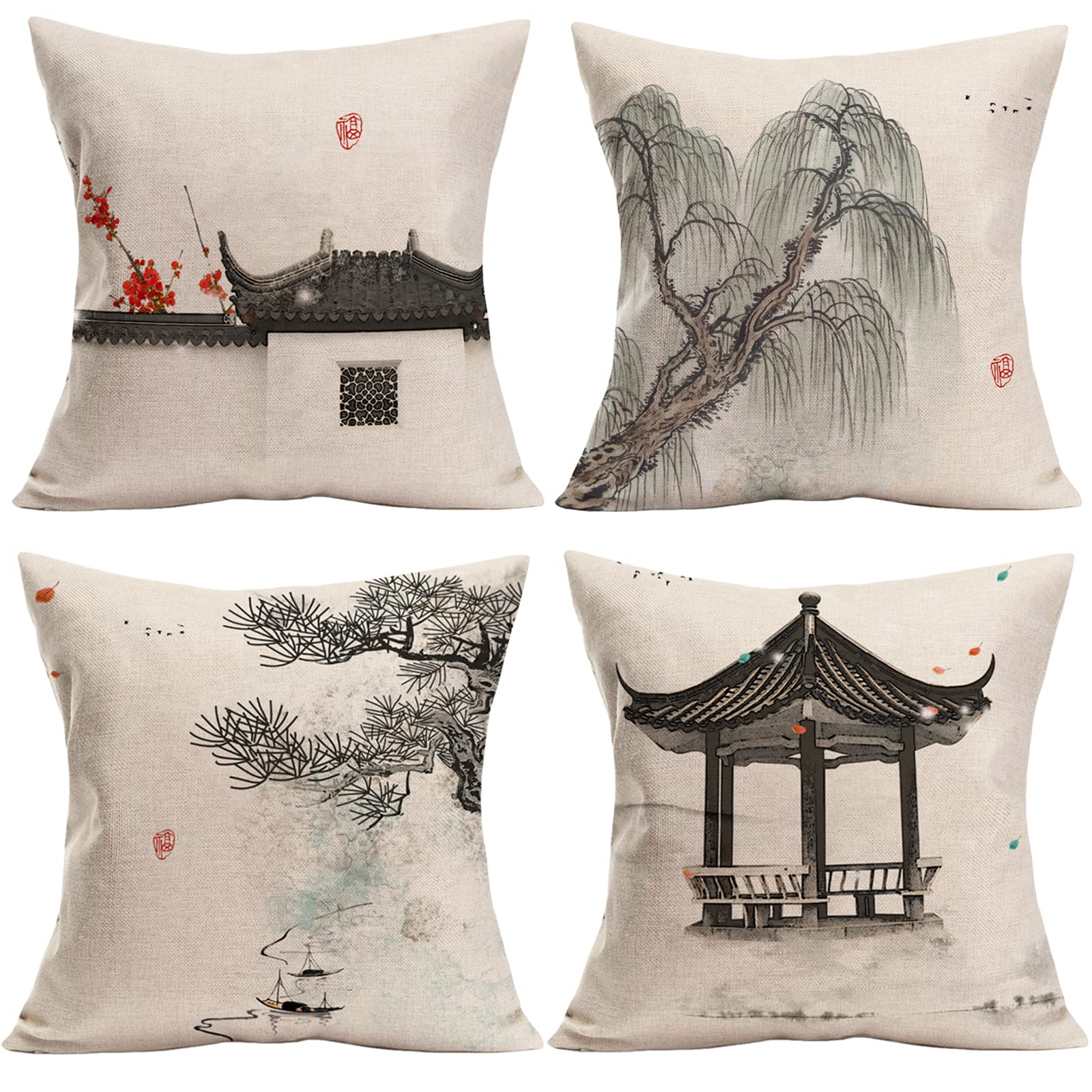 Smilyard Chinese Painting Throw Pillow Covers Lake Willow Pine Pavilion Plum Blossom Pillow Case Cushion Cover Traditional Chinese Culture Home Decorative Pillowcases 18x18 Inch Set of 4(Ink 4)