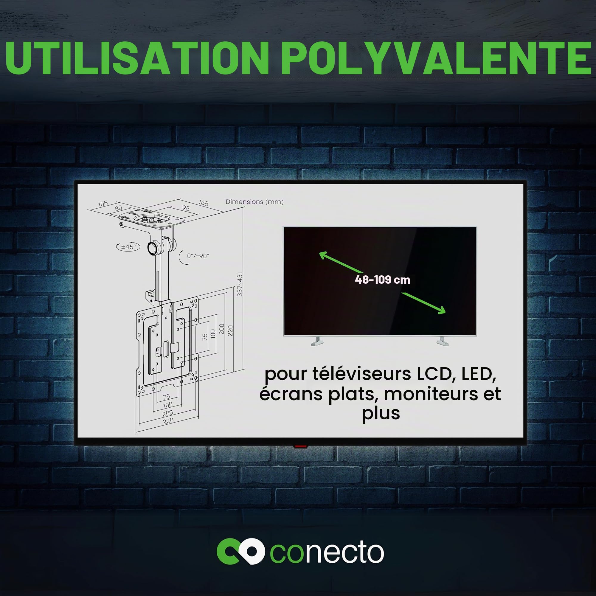 Conecto Support TV pour Plafond, adapté aux téléviseurs de 19 à 43 Pouces, Pliable, réglable en Hauteur, pivotant, inclinable, jusqu'à VESA 200x200, Noir