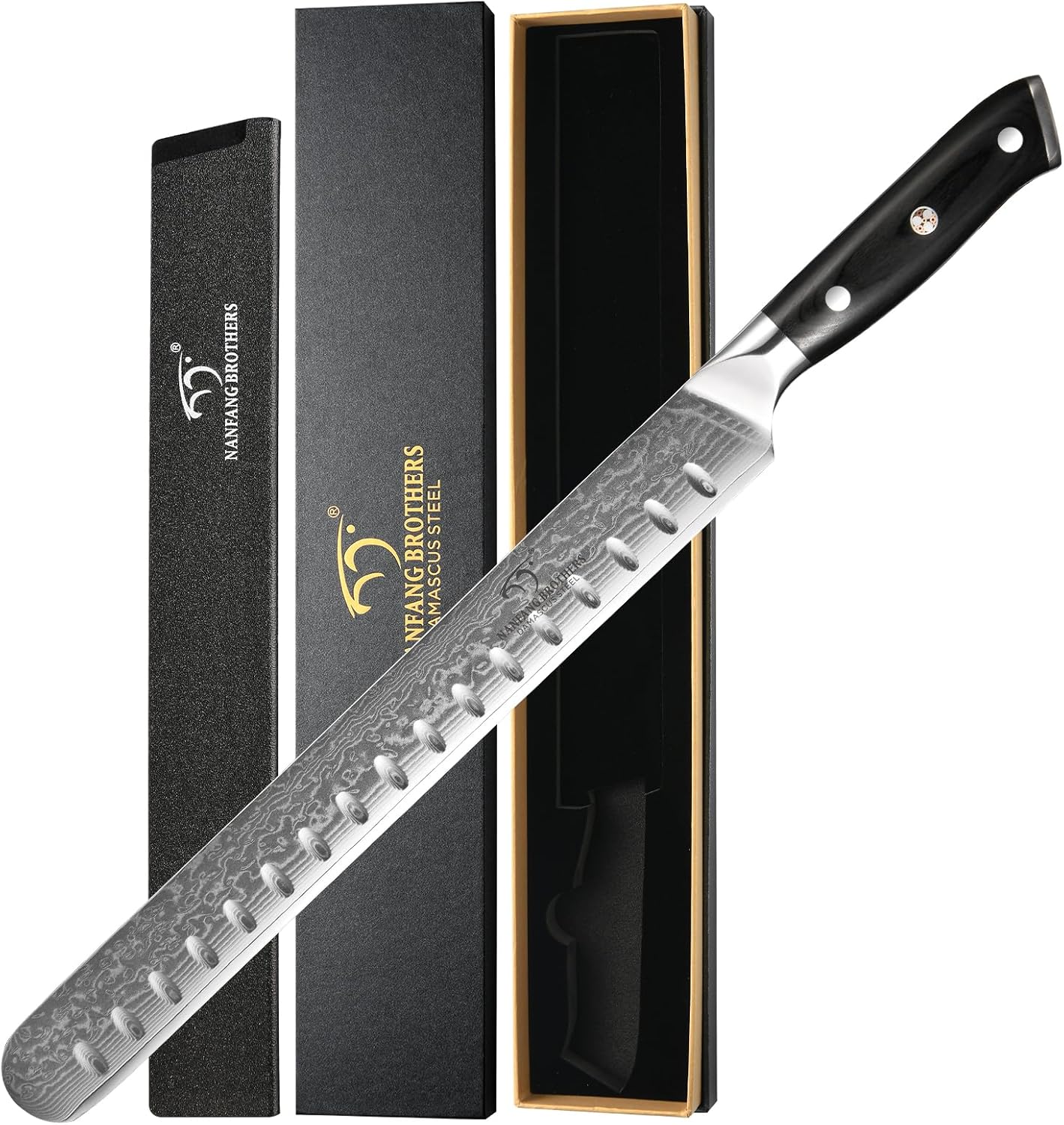 NANFANG BROTHERS Damascus Brisket Slicing Knife with Knife Sheath, 12 Inch Ultra Sharp Premium Carving Knife for Slicing Roasts, Meats, Fruits and Vegetables NANFANG BROTHERS Damascus Brisket Slicing Knife with Knife Sheath, 12 Inch Ultra Sharp Premium Carving Knife for Slicing Roasts, Meats, Fruits and Vegetables