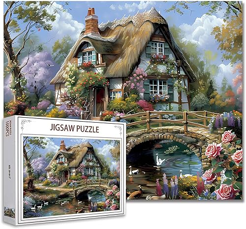 Rompecabezas de 1000 piezas para adultos, pintura de paisajes, rompecabezas de flores, rompecabezas de 1000 piezas, puente, río, flores, decoración