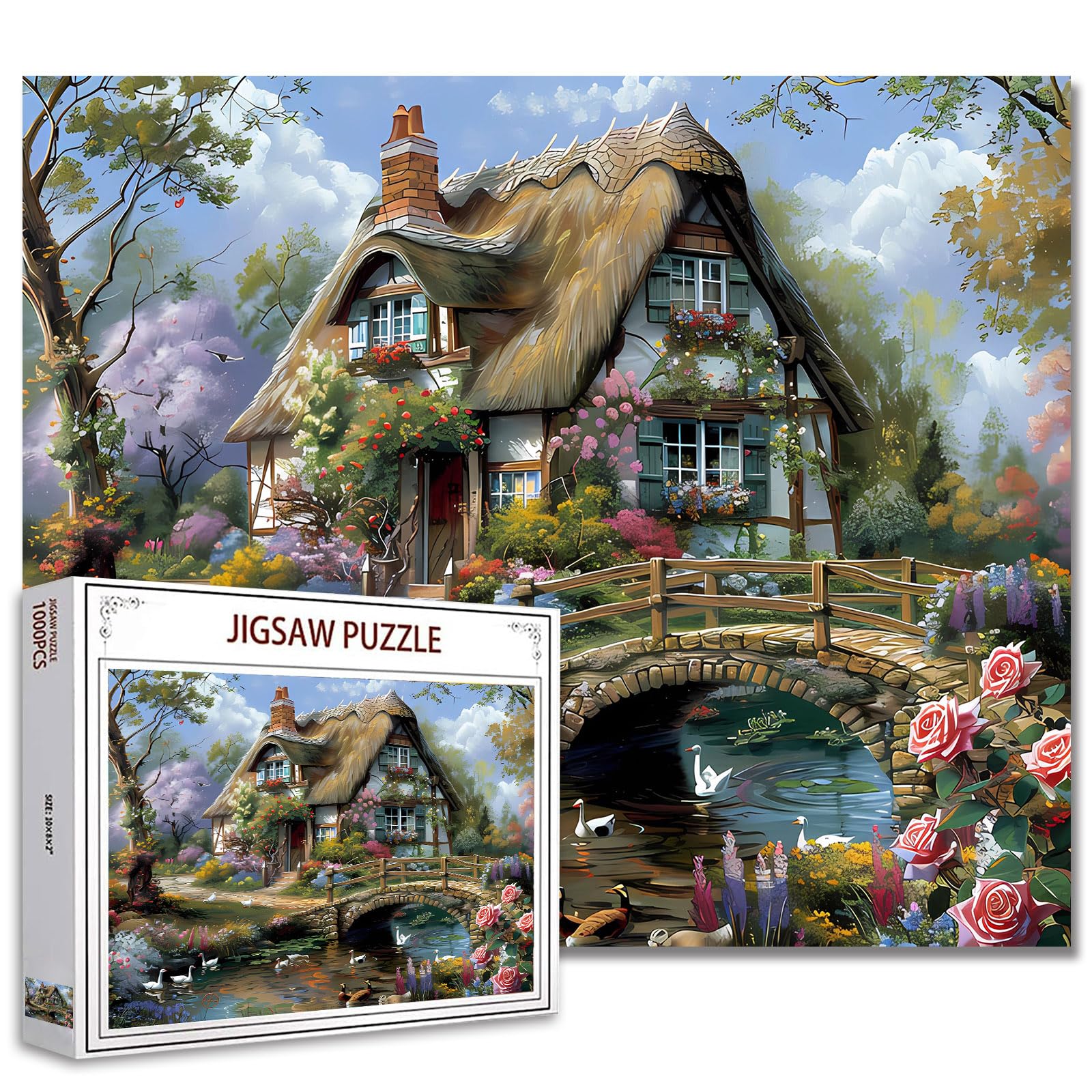 1000 Piece Jigsaw Puzzles for Adults Cabin Scenery Painting Jigsaw Puzzle Flowers 1000 Pieces Puzzles Bridge River Flowers House Wall Decor DIY Craft Puzzle Vintage Thatched Cottage Art — image 1