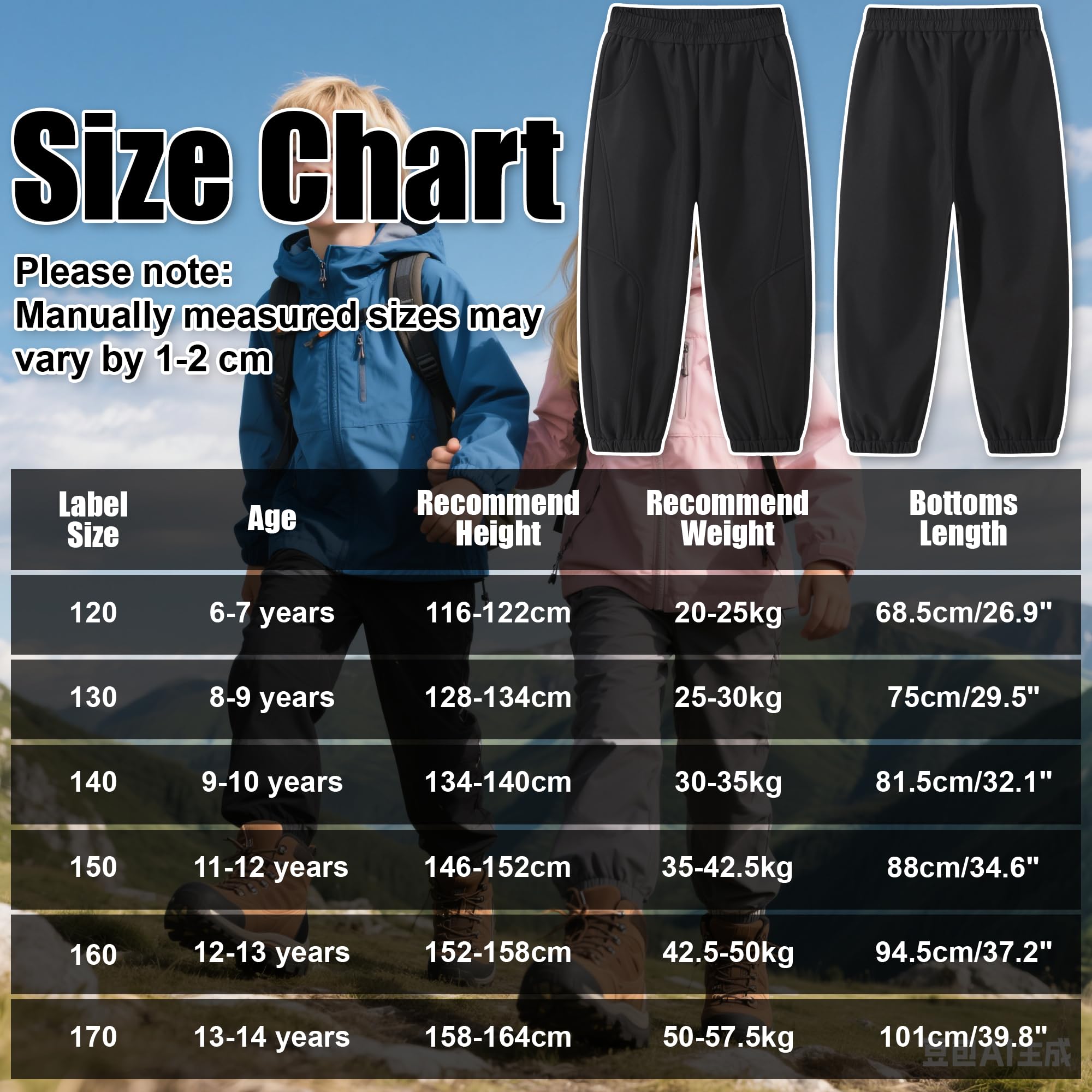 Pantaloni Trekking Softshell Ragazzo Ragazze, Termico Impermeabile Antivento Pantalone da Montagna, Foderato in Pile Pantaloni Outdoor Autunno Inverno per Ragazzi Bambino 6-14 Anni