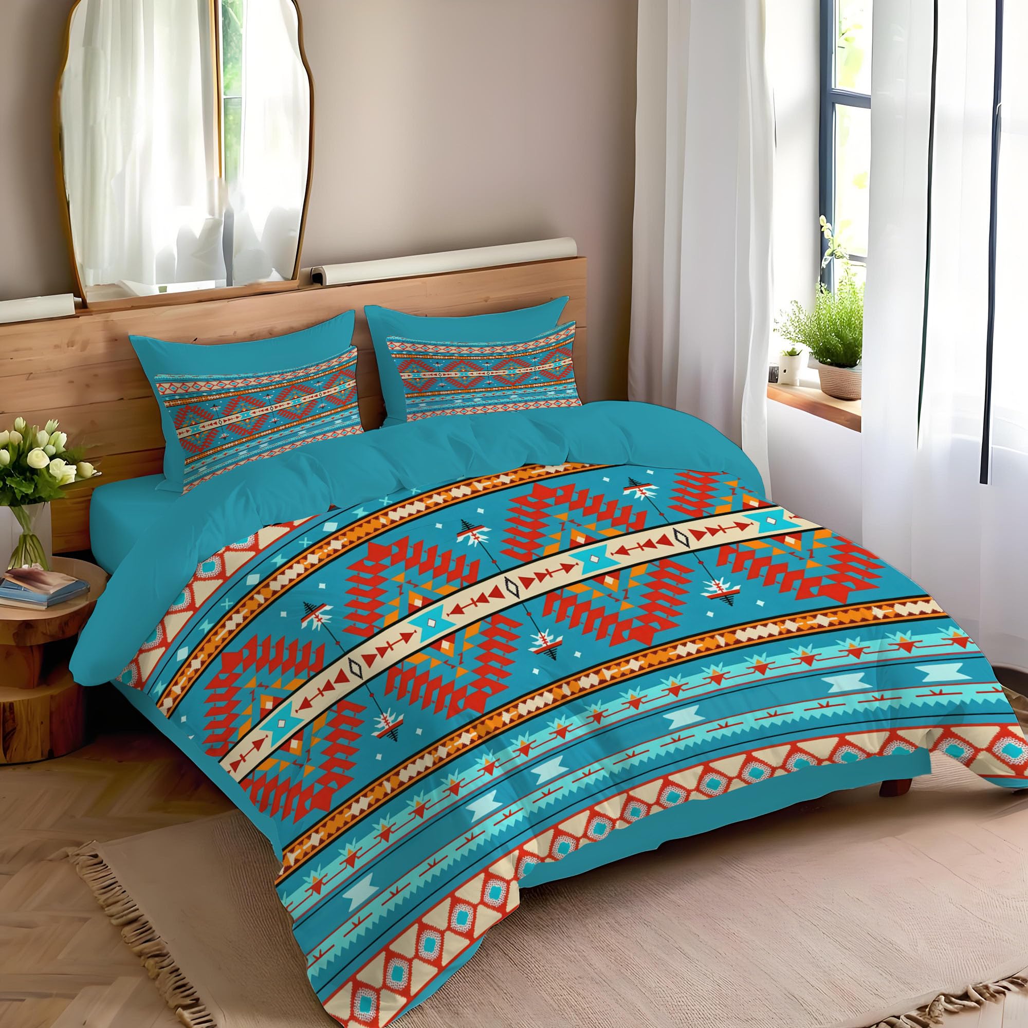 Housse de Couette 240x260cm au Design Traditionnel Symbolique Bleu Rouge Finition Premium