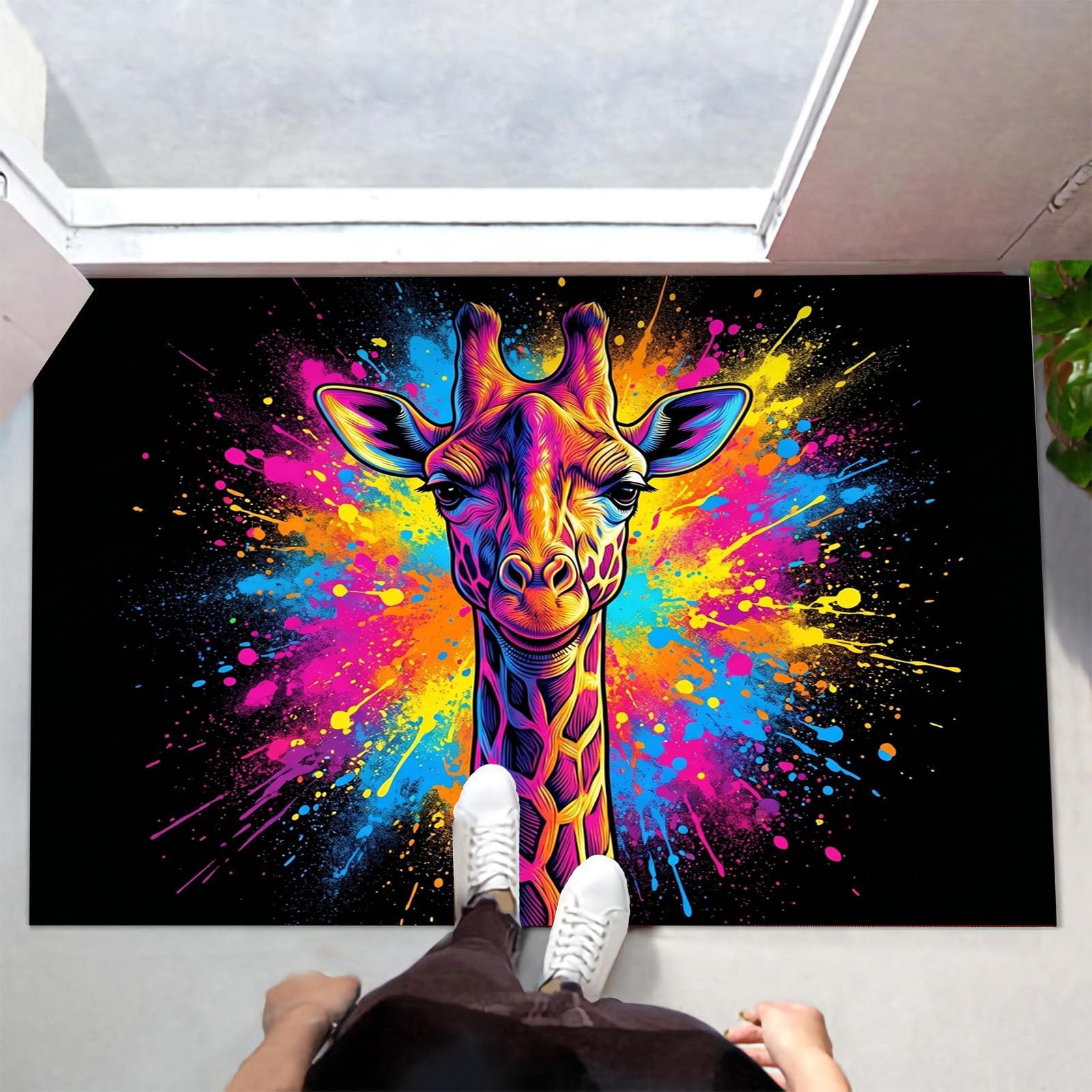 90X150Cm Zerbino Ingresso Interno Antiscivolo Assorbente, Tappeto Microfibra Sottile Lavabile Con Giraffa Con Schizzi D'Inchiostro Pop Art Animali Fantastici Per Cucina Bagno Porta Animali, Nero