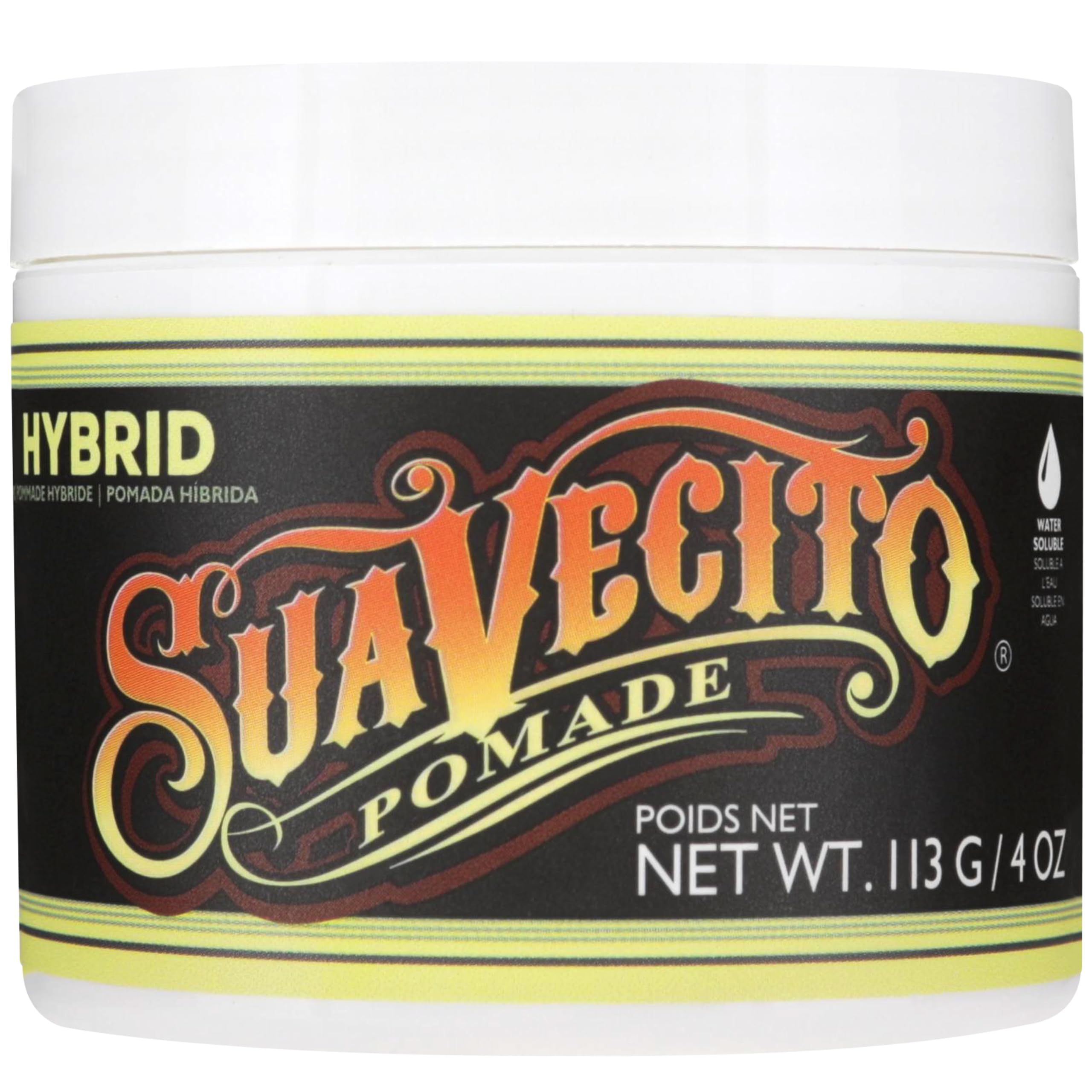 Pommade Hybride pour Cheveux Suavecito Pour Hommes, Tenue Moyenne, Brillance Élevée, Pommade Hybride à Base d'Huile et d'Eau, Peut Être Remodelée, 4oz/113g