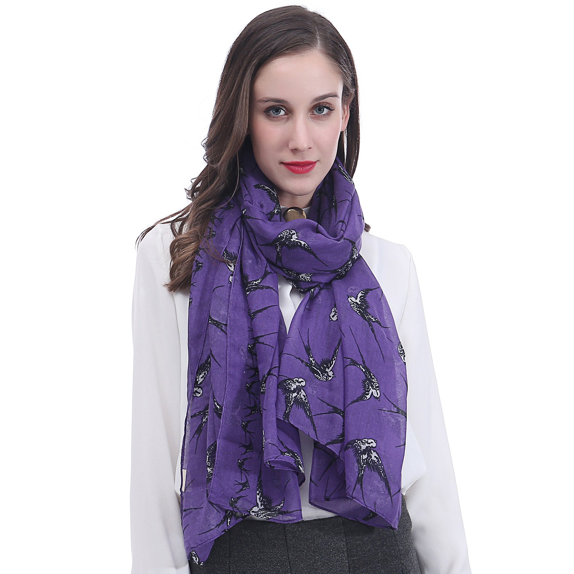 Lina & Lily Women's Purple Swallow Bird Print Scarf Shawl Wrap Lightweight (Purple)