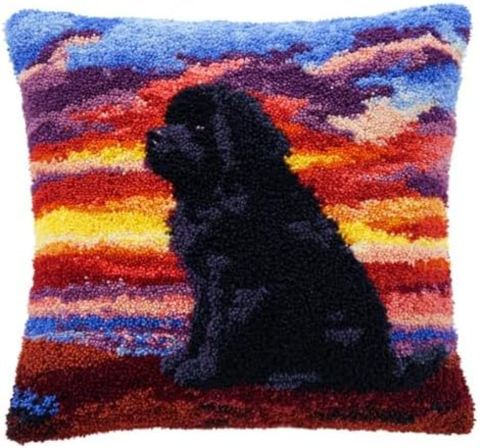 kitphoenix DIY Latch Hook Cushion Kit Dog Sit and Sunset,Beginner-Friendly Rug Hooking Pillow Kit,Crochet Craft Cushion Cover for Home Decor,43x43 cm-4