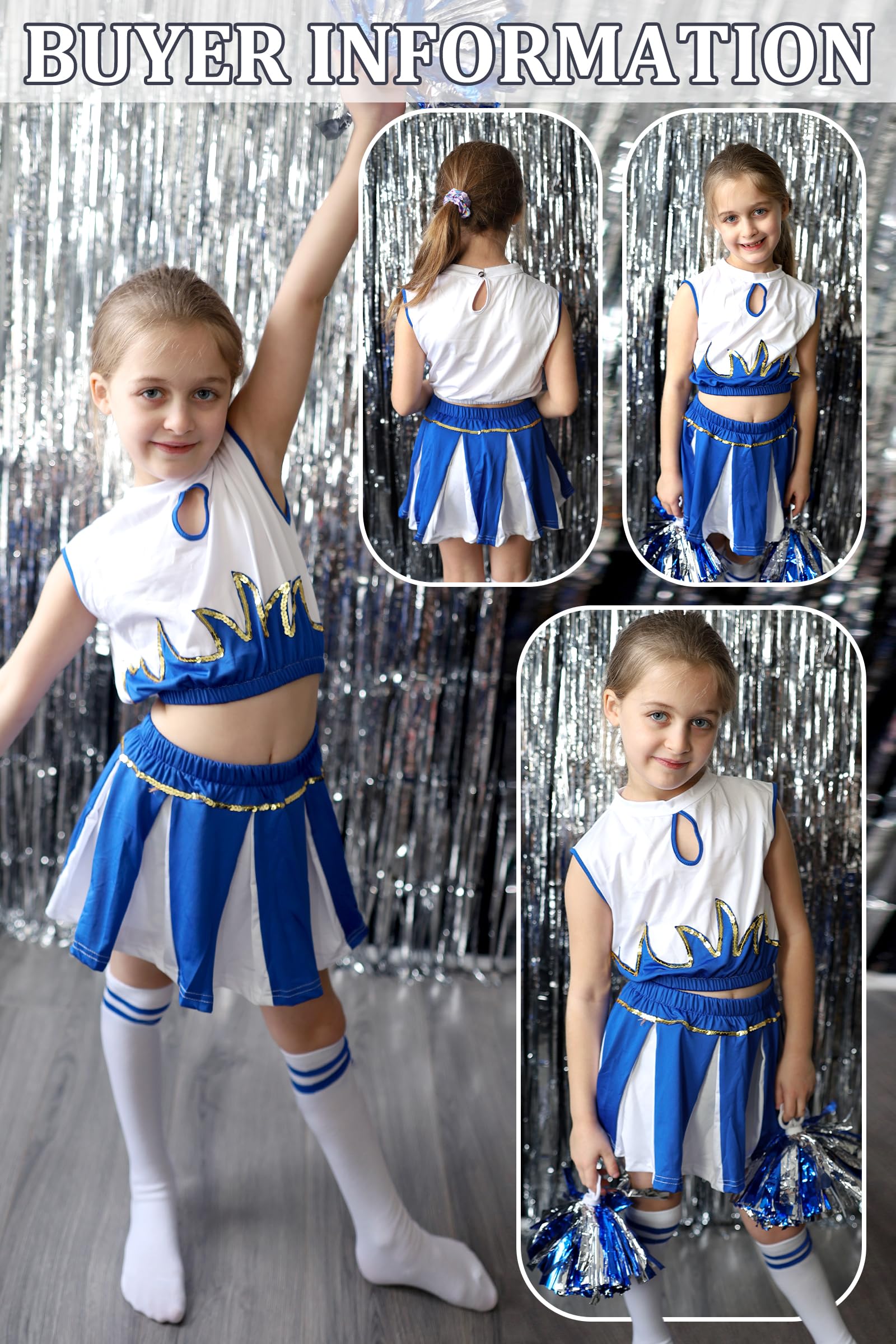 LOLANTA Costume da cheerleader scintillante per bambine con pompon, fiocco per capelli e calzini, travestimento, blu, 5-6 anni, 120