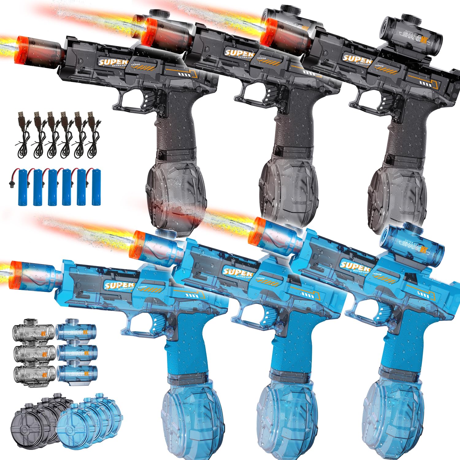 Photo 1 of 6pcs Electric Water Gun for Kids Adults, Auto Squirt Gun with Flashing Muzzle, 26FT Range, Leak-Proof Rechargeable Water Blaster for Summer Pool Beach Water Fights (3 Black+3Blue)